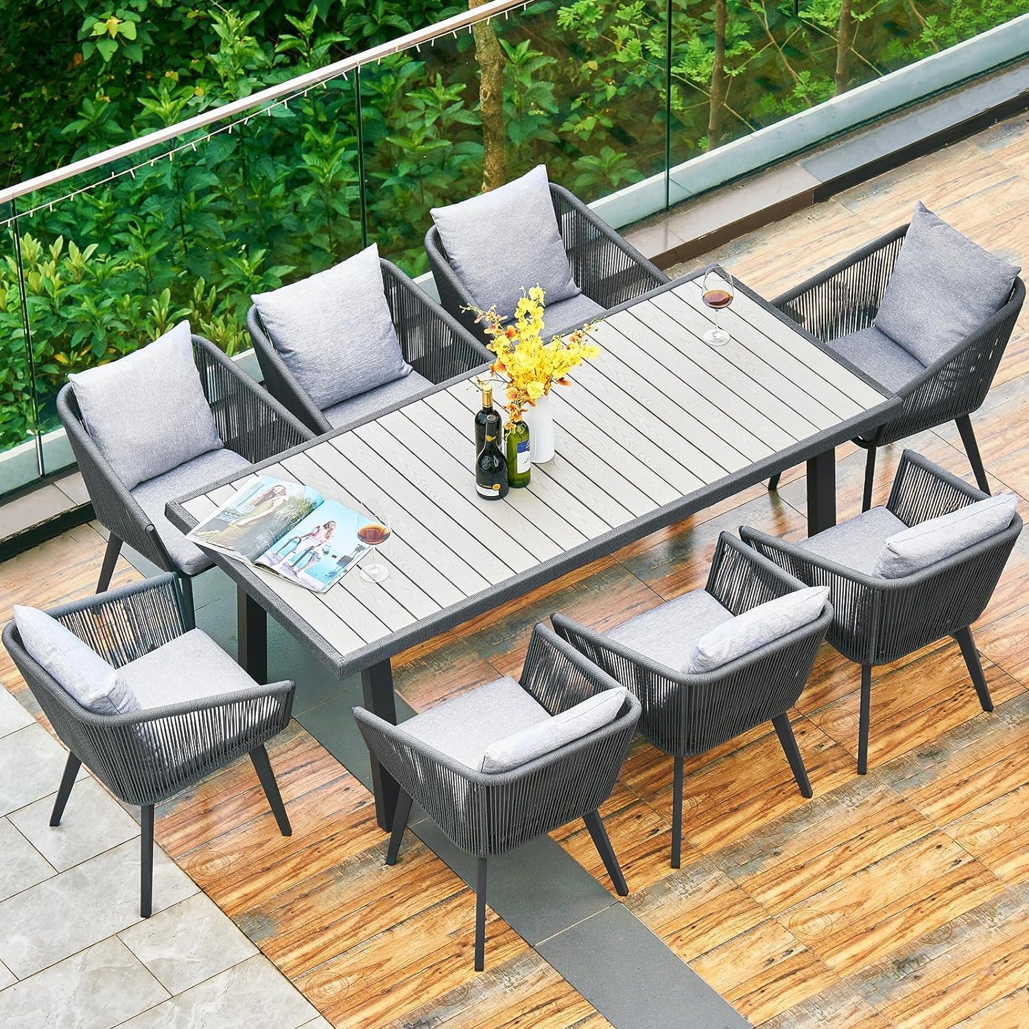 Astomi 9-Piece Outdoor Patio Dining Set - Rattan Table & 8 Chairs with Cushions | Weather-Resistant Wicker Furniture for Backyard, Balcony, Garden, Poolside & Outdoor Entertaining