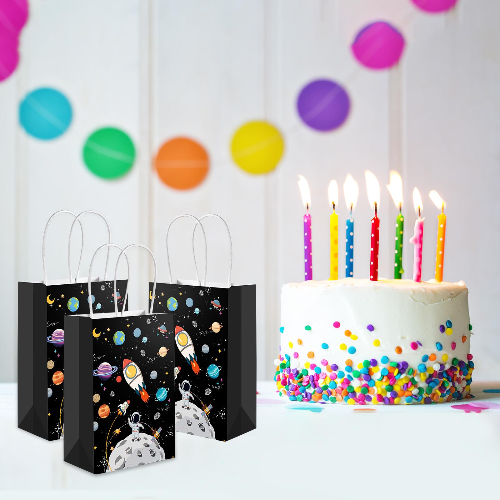 Galaxy Themed Party Favor Bags - 12 Pack Outer Space Planet Design Paper Goodie Bags with Handles for Birthday Parties, Baby Showers & School Events - Perfect for Space Theme Decorations & Celestial Celebrations