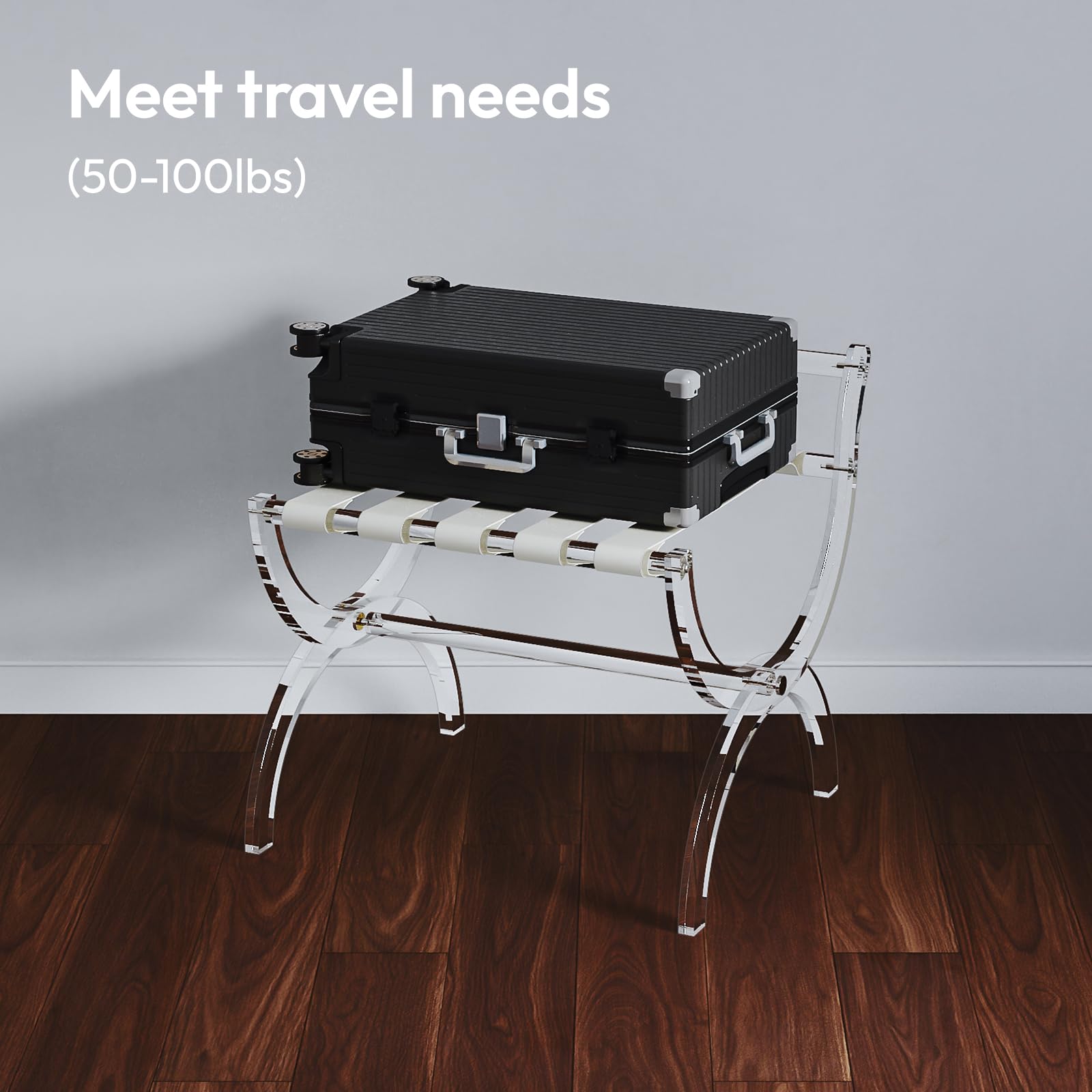 Byingo Foldable Acrylic Luggage Rack with Leather Straps - Heavy Duty Suitcase Stand Holds 50-100 lbs, High Back Support - Perfect for Bedroom, Guest Room & Hotel Use - Portable & Space Saving Travel Storage Solution