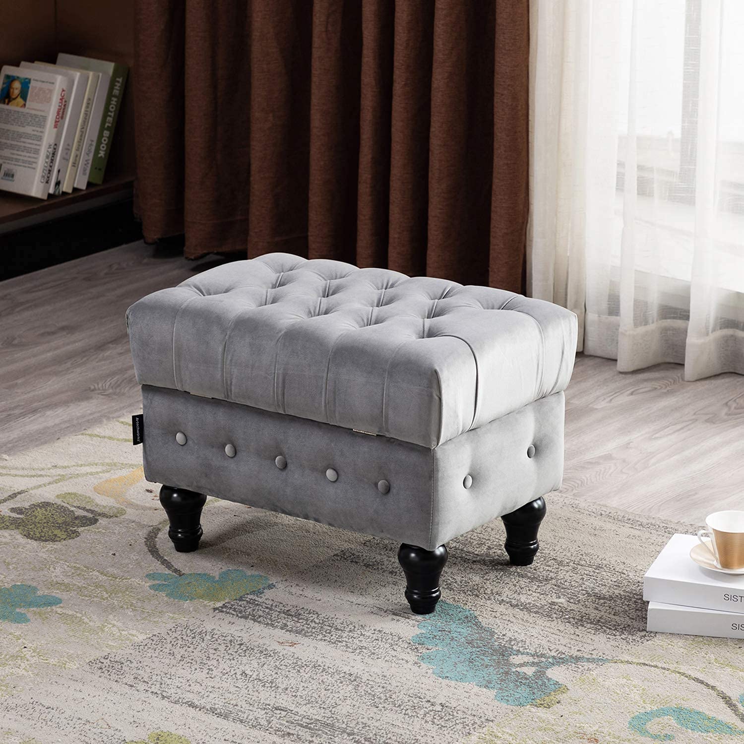 Artechworks Rectangular Storage Coffee Table Ottoman with Button Tufted Upholstery - Multifunctional Footstool, Toy Box & Space-Saving Stool for Living Room, Bedroom & Home Office (Grey) - Perfect for Small Spaces, Kids' Room Organization & Cozy Home Decor