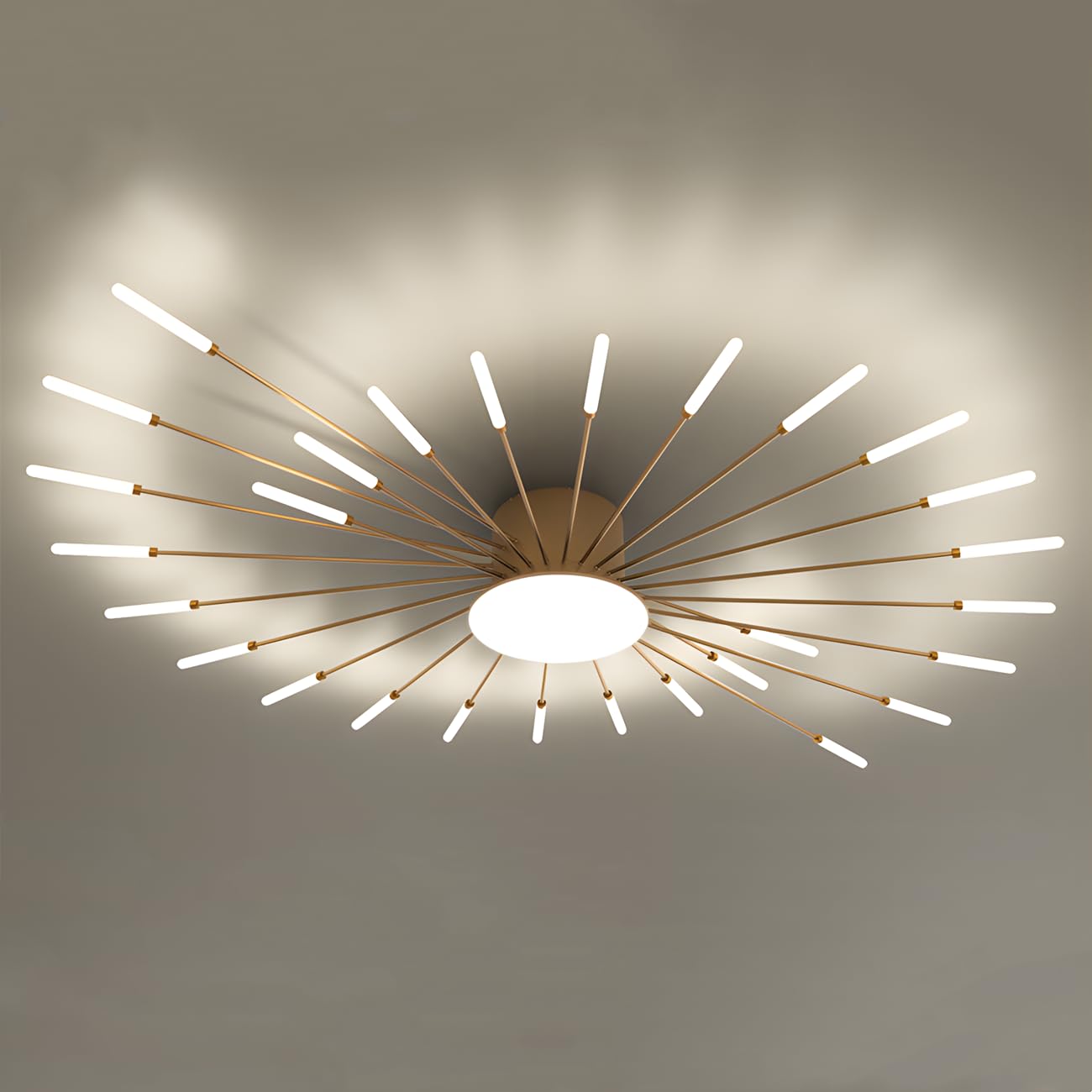 Modern Sputnik Ceiling Light Fixture - 28+1 Head Gold LED Starburst Chandelier, Semi-Flush Mount Linear Acrylic Spiral Design for Living Room, Bedroom, Dining Room & Office Lighting