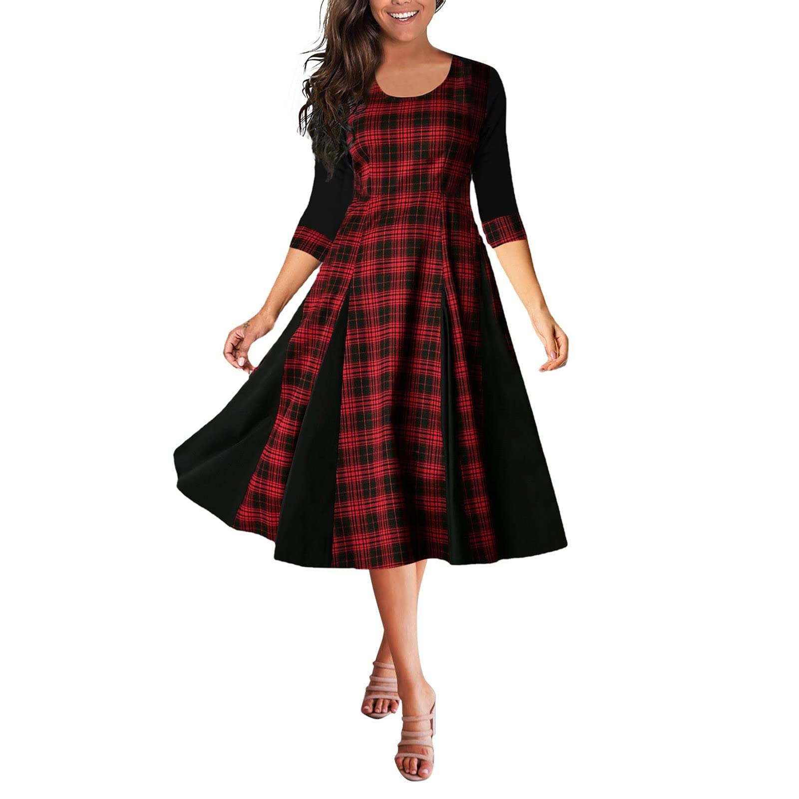 Women's Plaid Dress Casual Button Down Long Sleeve Round Neck Cocktail Dress - Wedding Guest Outfit, Holiday Party, Office Wear & Fall Fashion