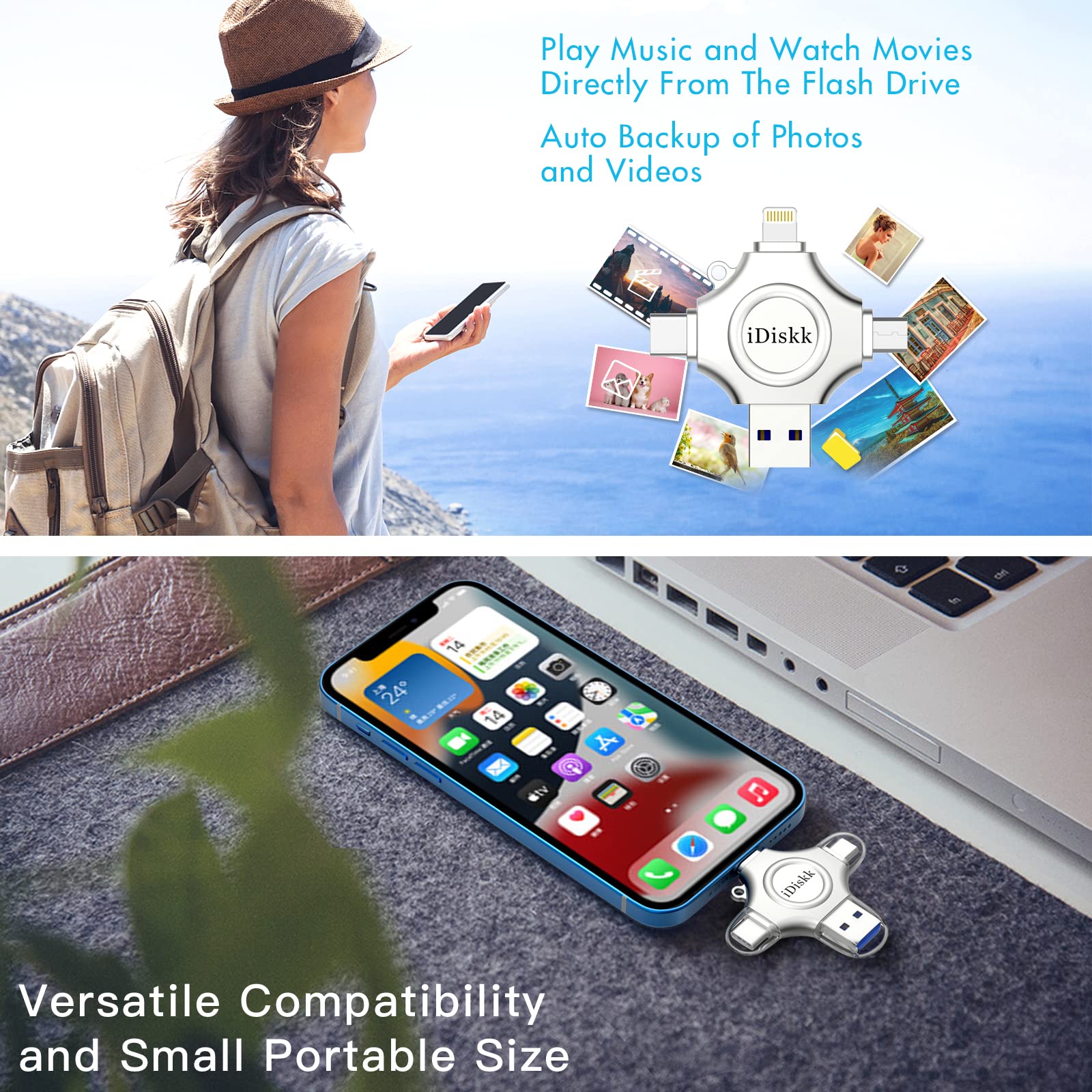 iDiskk 512GB Photo Stick for iPhone - 4-in-1 Lightning USB Flash Drive with USB-C - External Memory Storage for iPhone, iPad, Android, Mac & PC - Perfect for Photos, Videos, Files Backup & Transfer