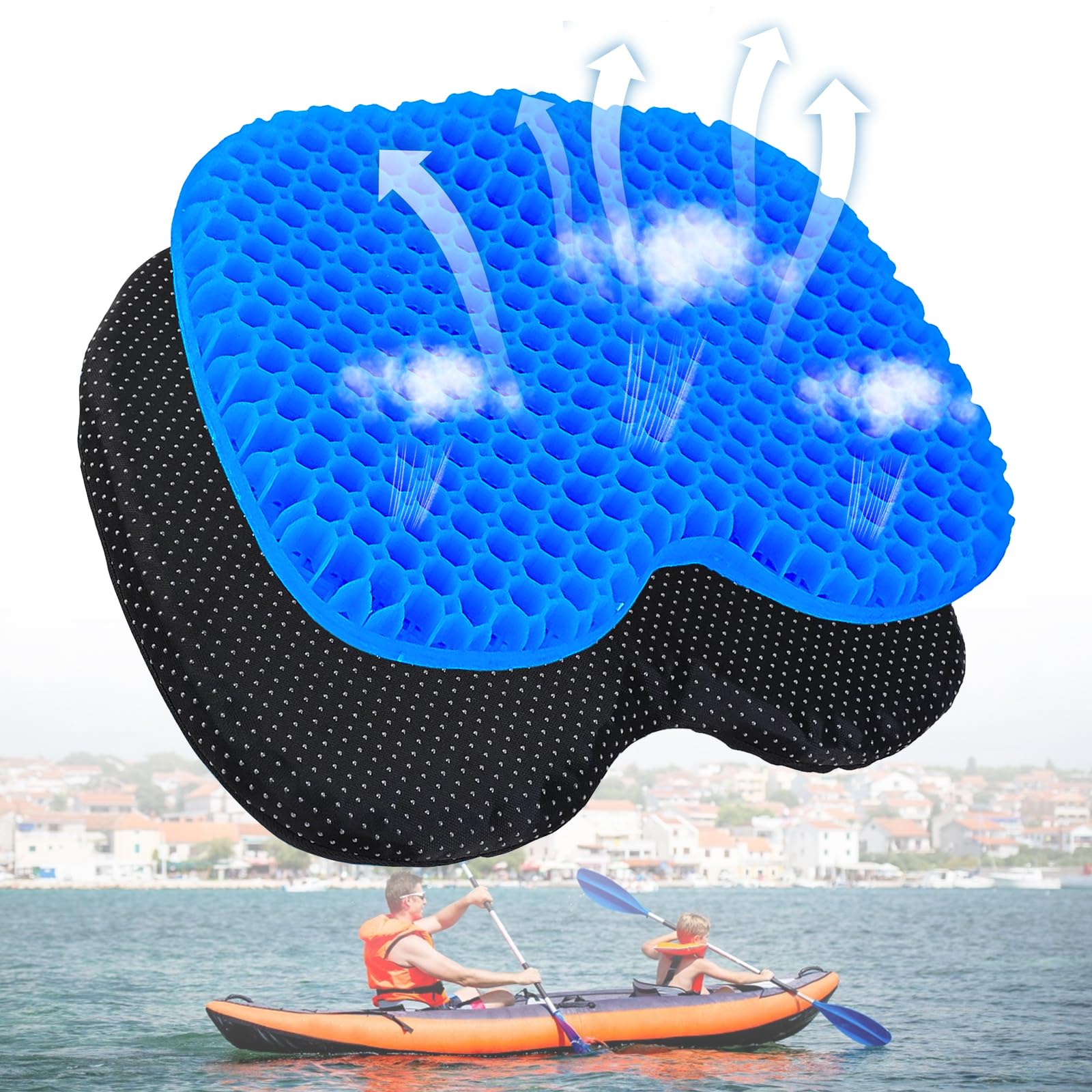 Non-Slip Kayak Seat Cushion with Waterproof Cover - Comfortable Gel Kayak Seat Pad for Inflatable Kayaks, Canoes & Fishing Boats - Ideal for Rowing, Fishing & Office Use (Blue)