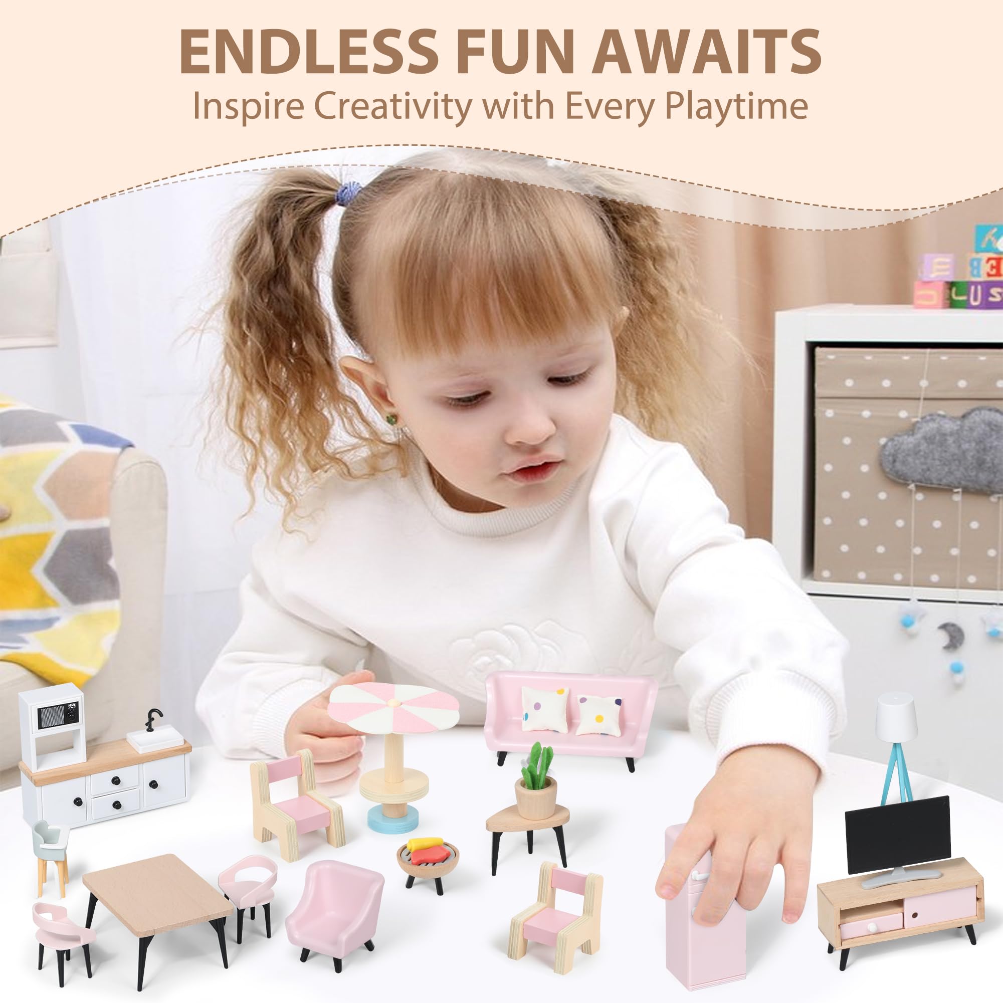 Premium Wooden Dollhouse Furniture Set - 7 Rooms, 3 Dolls, Patio & Pet Accessories | Miniature Doll House Toys for Kids & Collectors | Perfect for Pretend Play, Gift Giving & Home Decor
