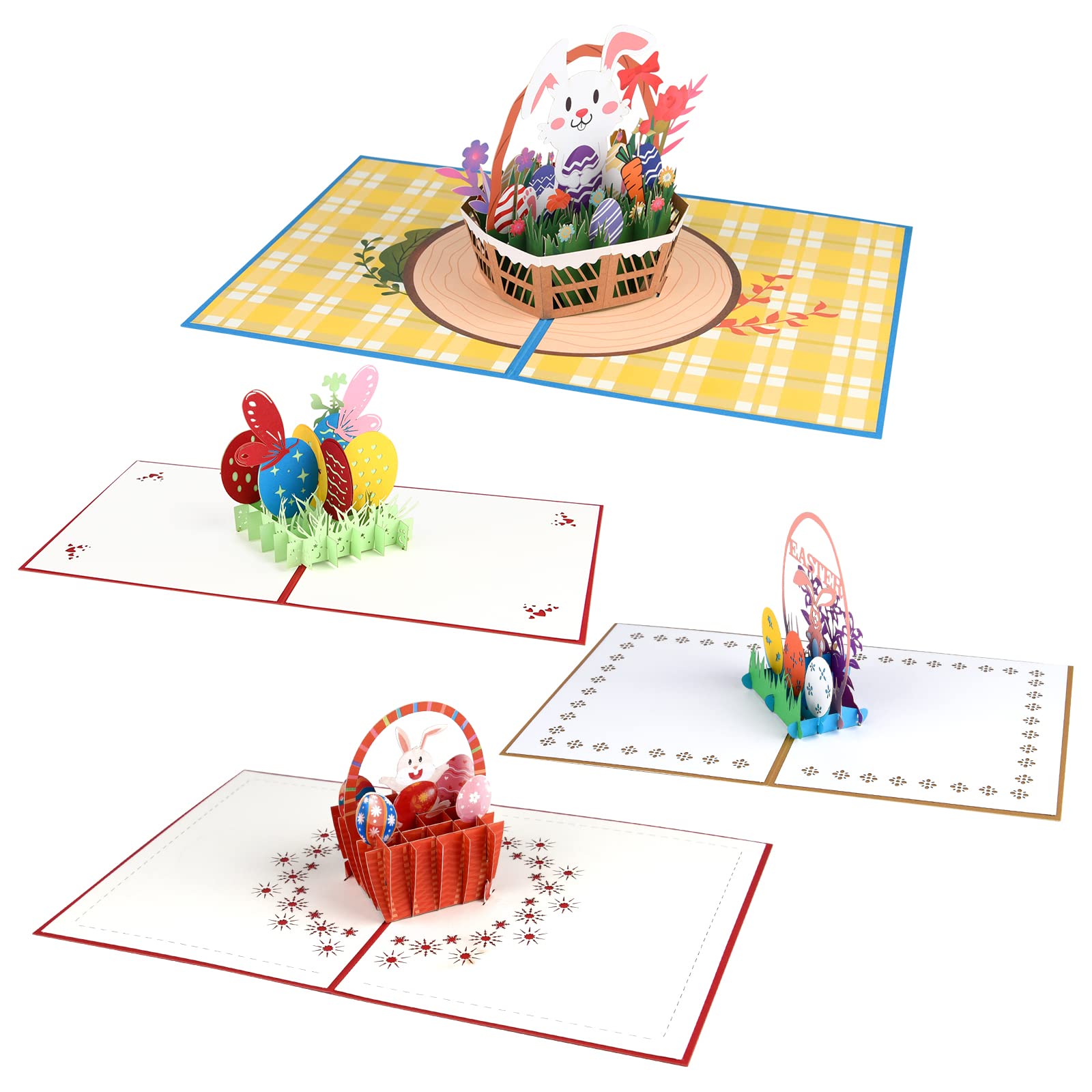 ELECLAND 4-Piece 3D Easter Pop Up Greeting Cards Set - Bunny, Eggs & Flower Basket Design for Kids, Friends & Family | Perfect for Easter Celebrations, Gift Giving & Holiday Decorations