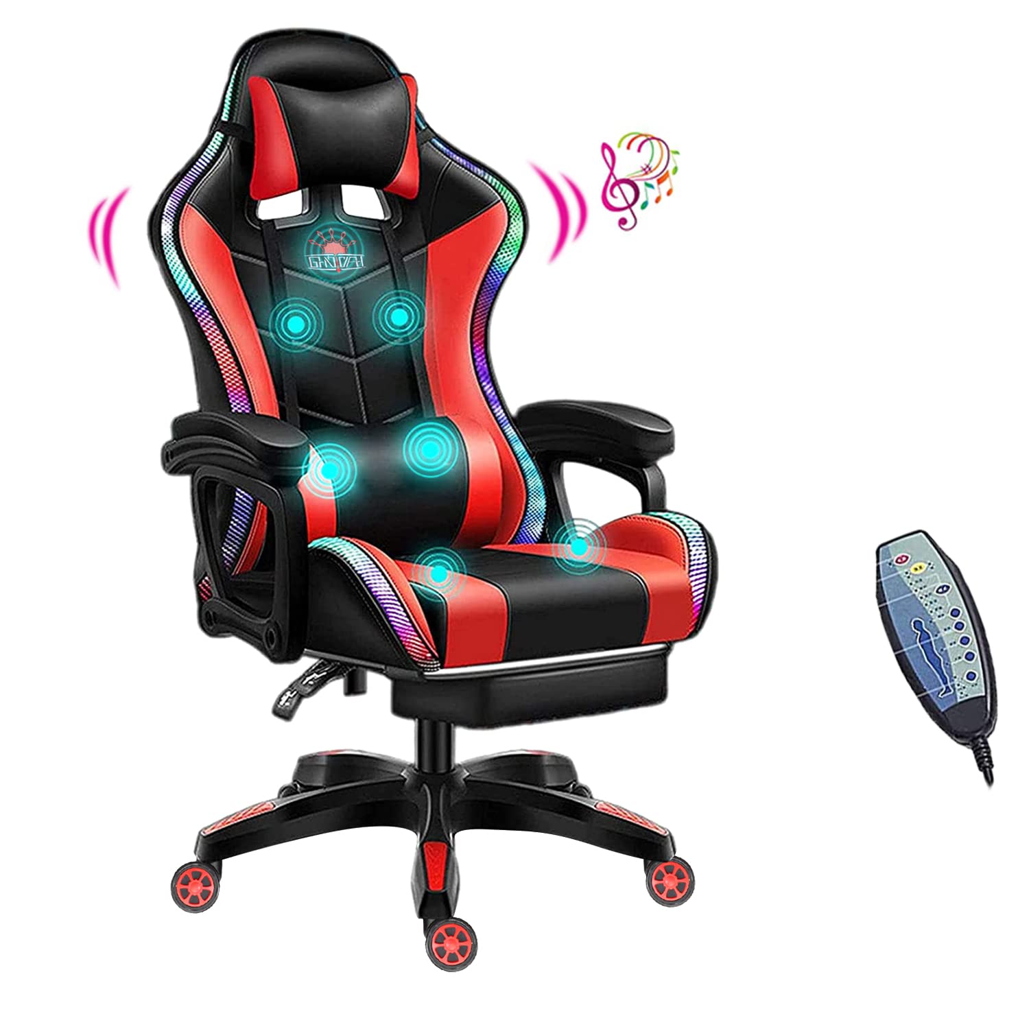 Ergonomic RGB Gaming Chair with Massage, Footrest & Bluetooth Speakers - Adjustable Headrest, Lumbar Support & Reclining Backrest for PC/Console Gamers - Perfect for Esports, Streaming & Home Office Setup