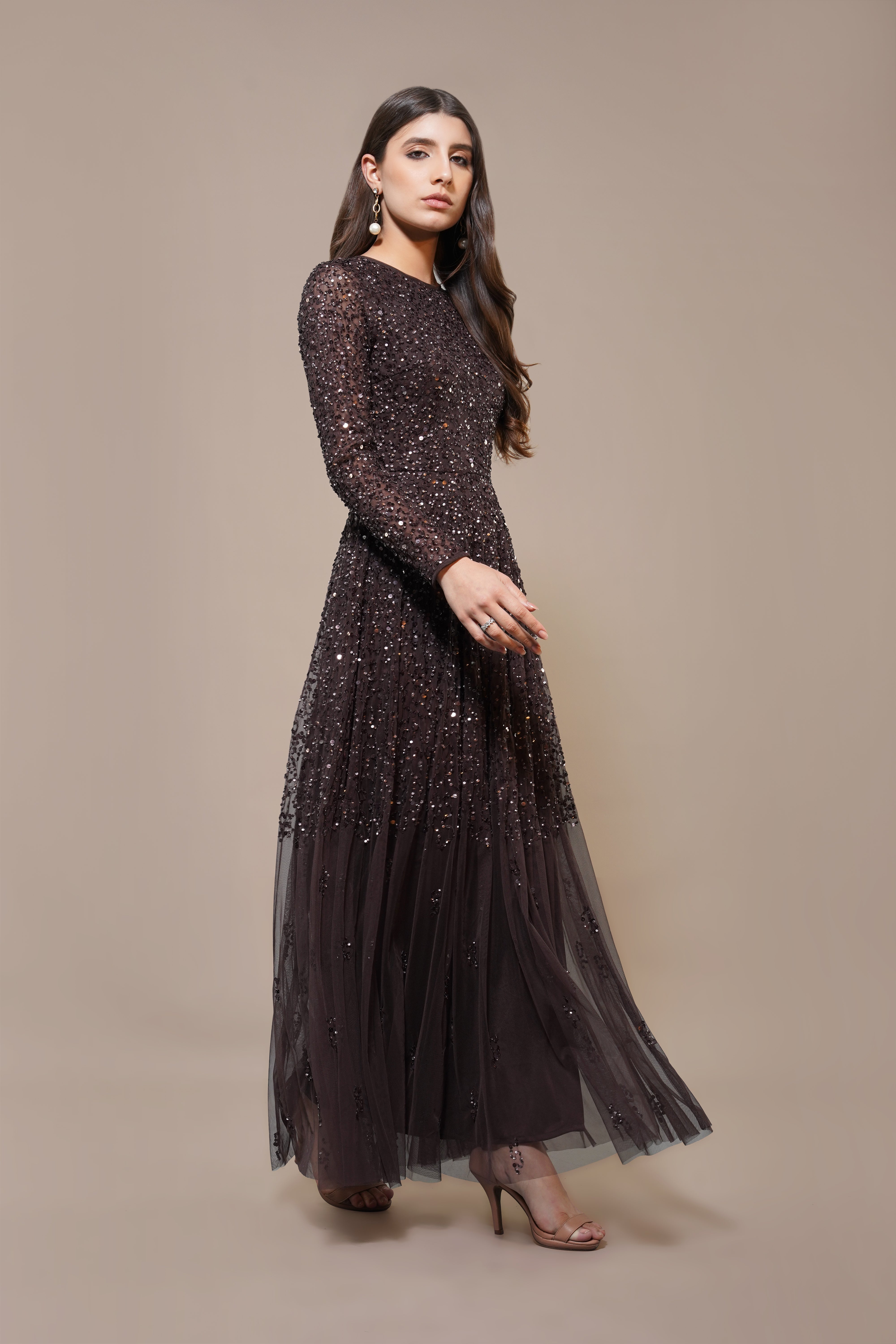 Elegant Coffee Brown Embellished Long Sleeve Maxi Dress for Women - Perfect for Weddings, Parties & Evening Events