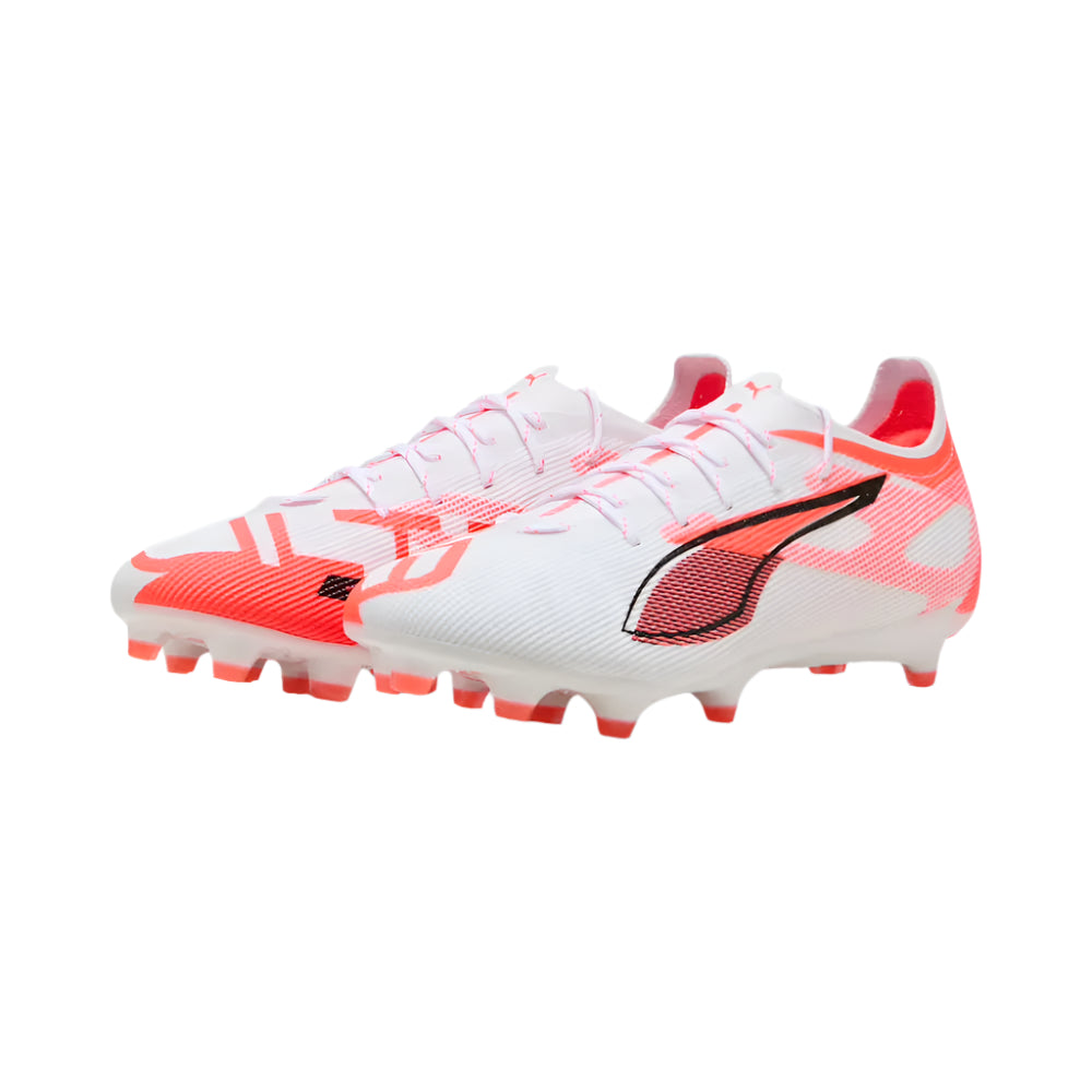 Puma Ultra 5 Pro FG/AG Soccer Cleats for Men - Lightweight Football Boots in White/Black/Glowing Red - Perfect for Artificial Grass & Firm Ground - Ideal for Competitive Matches & Training Sessions