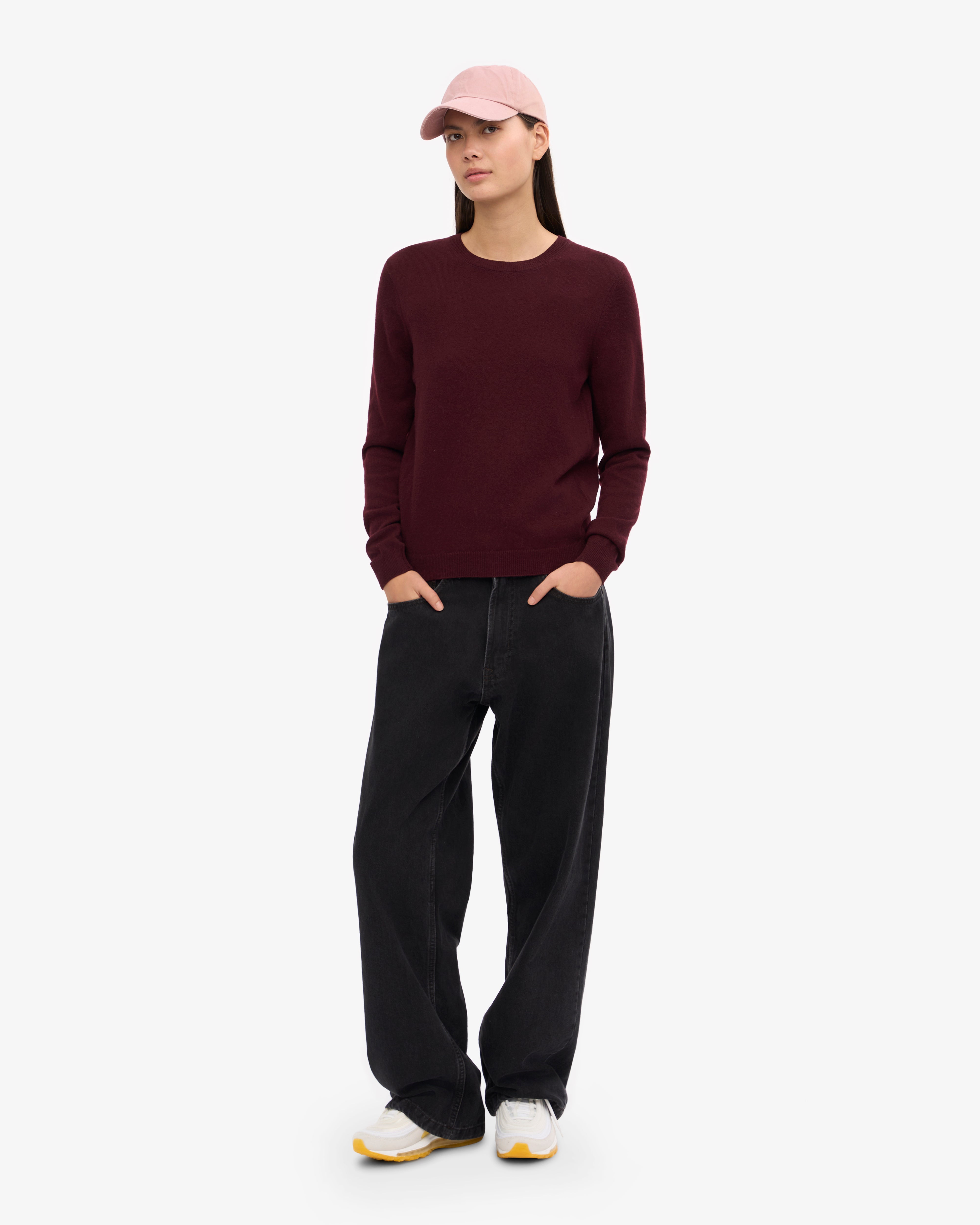 Women's Lightweight Merino Wool Crew Neck Sweater in Oxblood Red - Perfect for Fall Layering & Winter Warmth