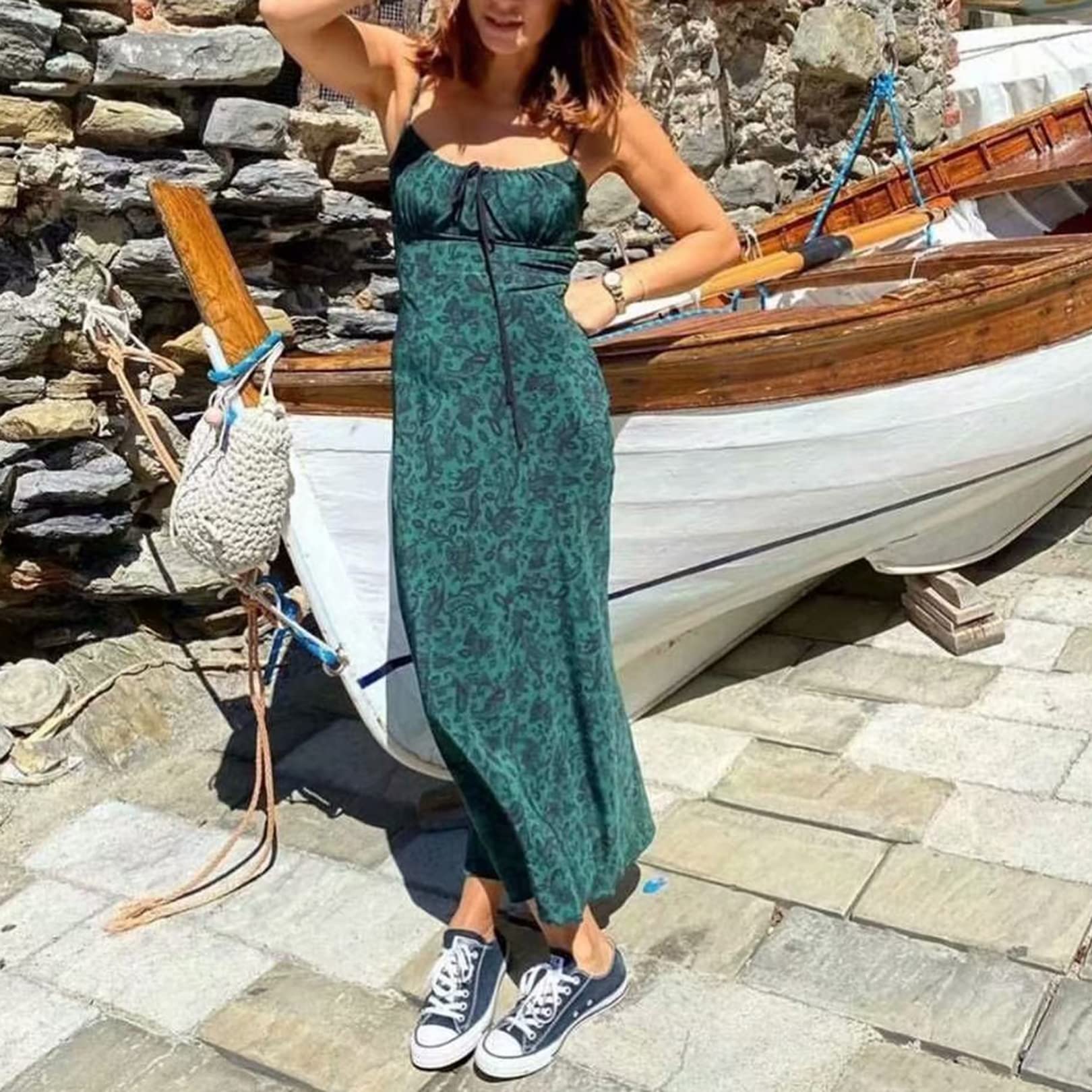 PEHMEA Women's Floral Spaghetti Strap Bodycon Dress - Square Neck Tie Front Summer Long Dress for Beach, Party & Date Night