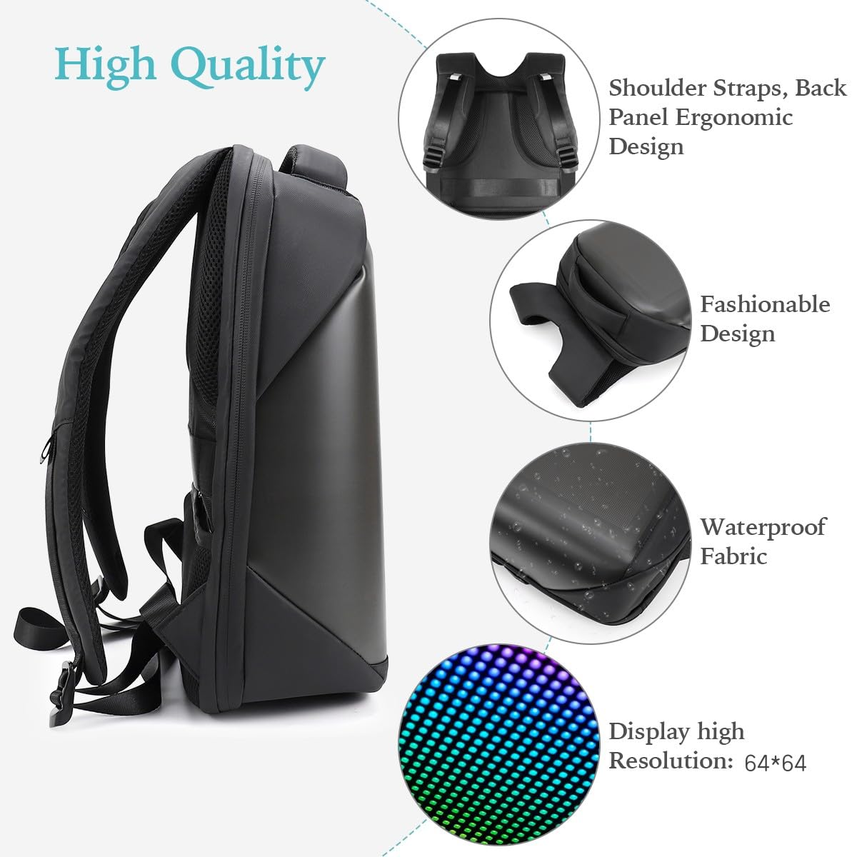 Programmable LED Backpack with HD Color Screen - 15.6 Inch Waterproof Laptop Backpack with App Control for Travel, Motorcycle Riding, and Night Cycling - Perfect for Commuters, Students, and Tech Enthusiasts