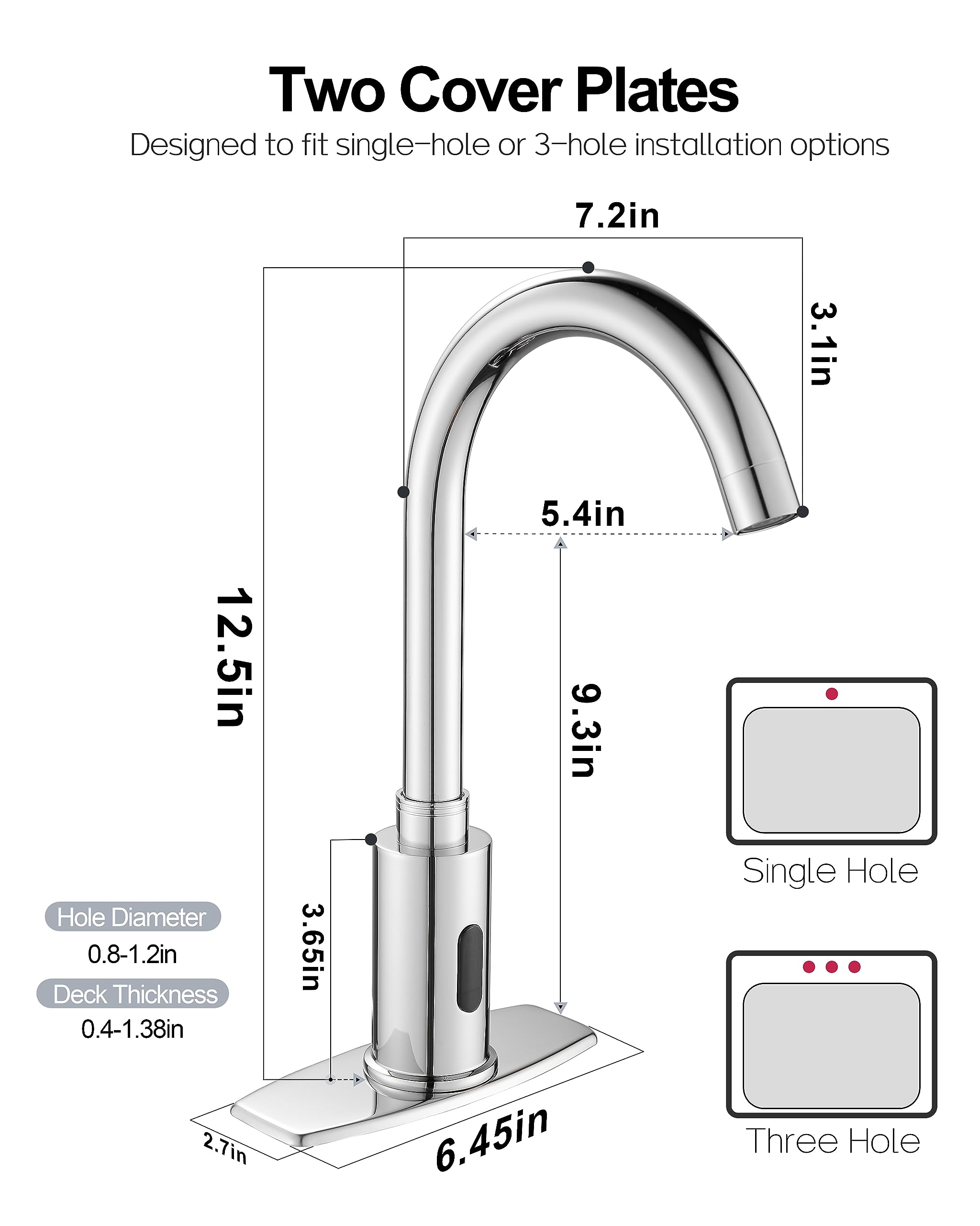 Automatic Touchless Motion Sensor Faucet for Bathroom & Kitchen Sink - Commercial/Public Use with Deck Plate & Temperature Mixer - Battery or Plug-in Powered - 1 Hole or 3 Hole Installation - Chrome Finish - Ideal for Restaurants, Hospitals, and High-Traffic Public Spaces