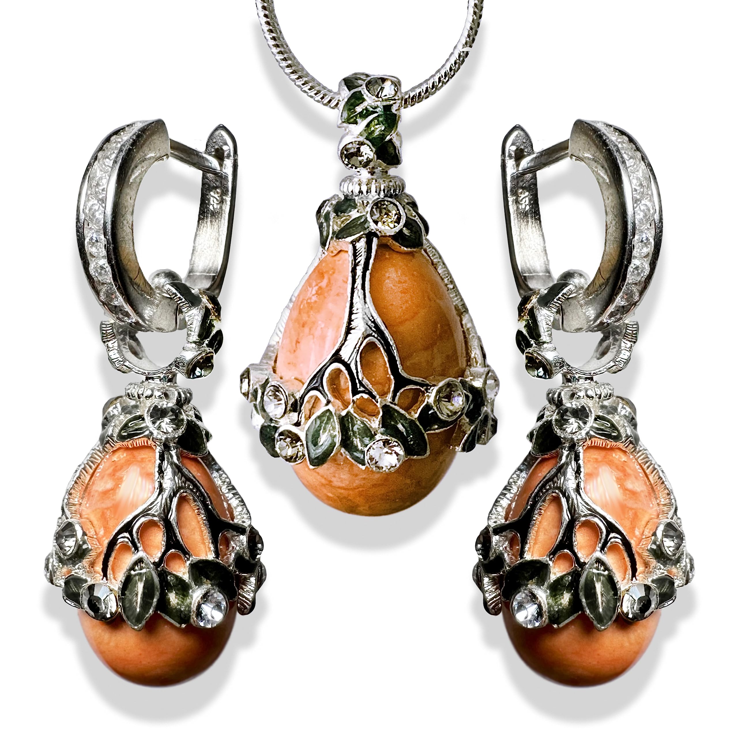 925 Sterling Silver Egg Coral Art Deco Earrings with Crystals & Enamel - Cubic Zirconia Hoop Earrings for Women | Perfect for Parties, Weddings & Special Occasions