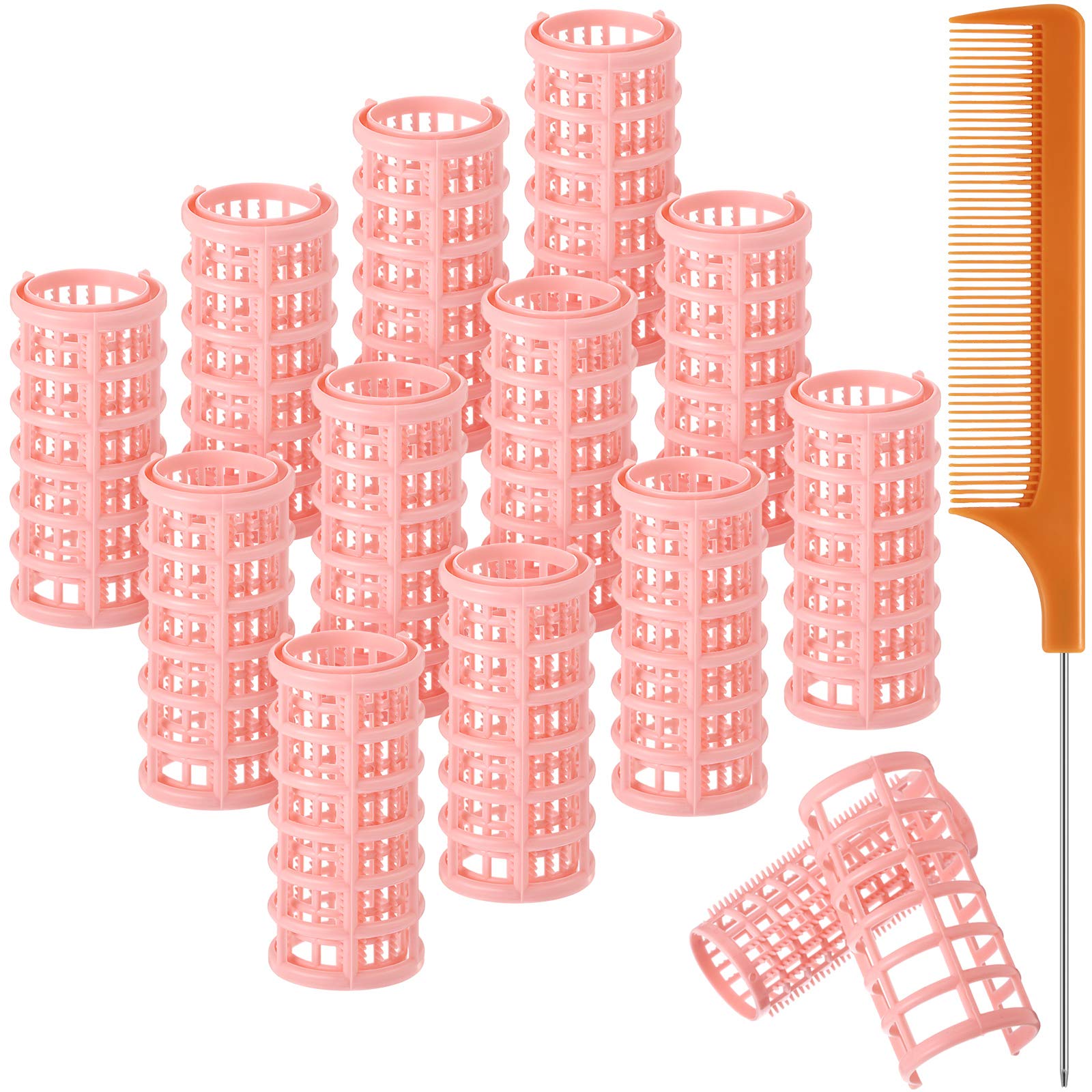 Syhood 12-Piece Large Plastic Snap Hair Rollers Set with Rat Tail Comb - 6.8x3cm Peach Hair Curlers for Salon Styling & Home Use - Perfect for Creating Voluminous Curls & Waves