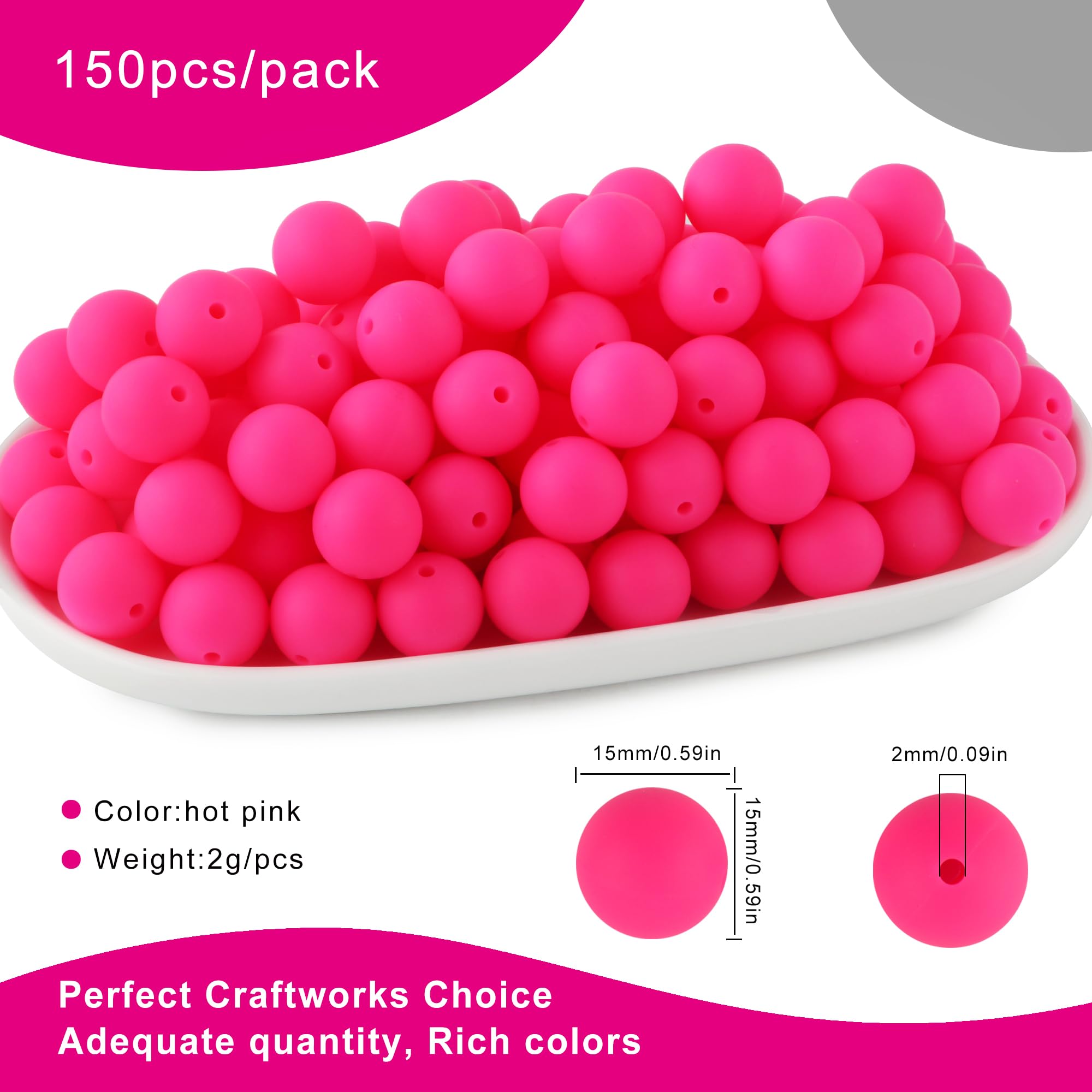150Pcs 15mm Round Silicone Beads Bulk for DIY Keychains, Bracelets, Necklaces & Pen Decorations - Vibrant Hot Pink Beads for Jewelry Making & Craft Projects - Perfect for Gifts, Party Favors & Creative DIY Accessories