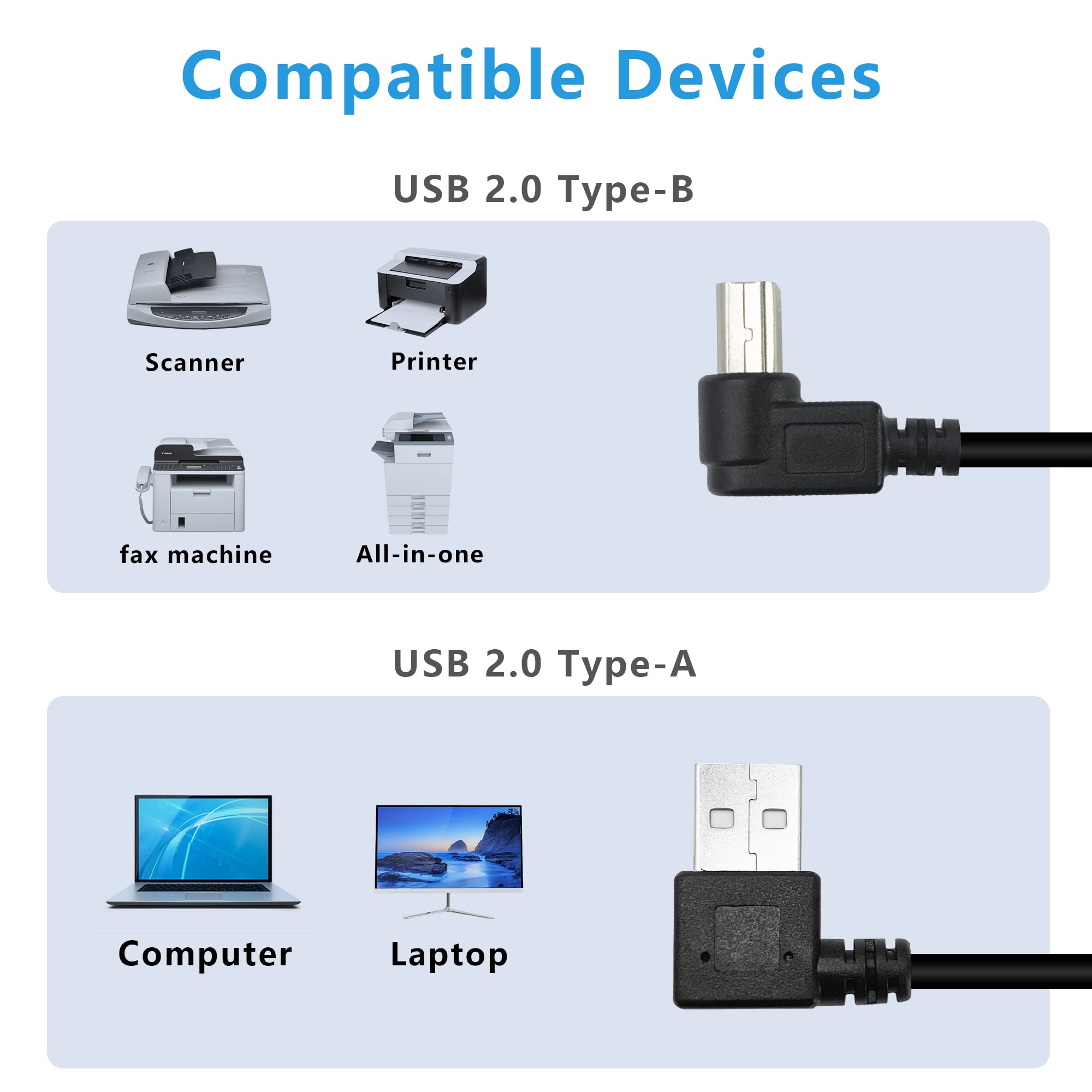 90 Degree Short USB Printer Cable 25CM (0.8Ft) - Left Angle USB 2.0 Type A Male to Left/Right Angle B Male Scanner Cable - Perfect for Printers, Scanners, and Tight Spaces