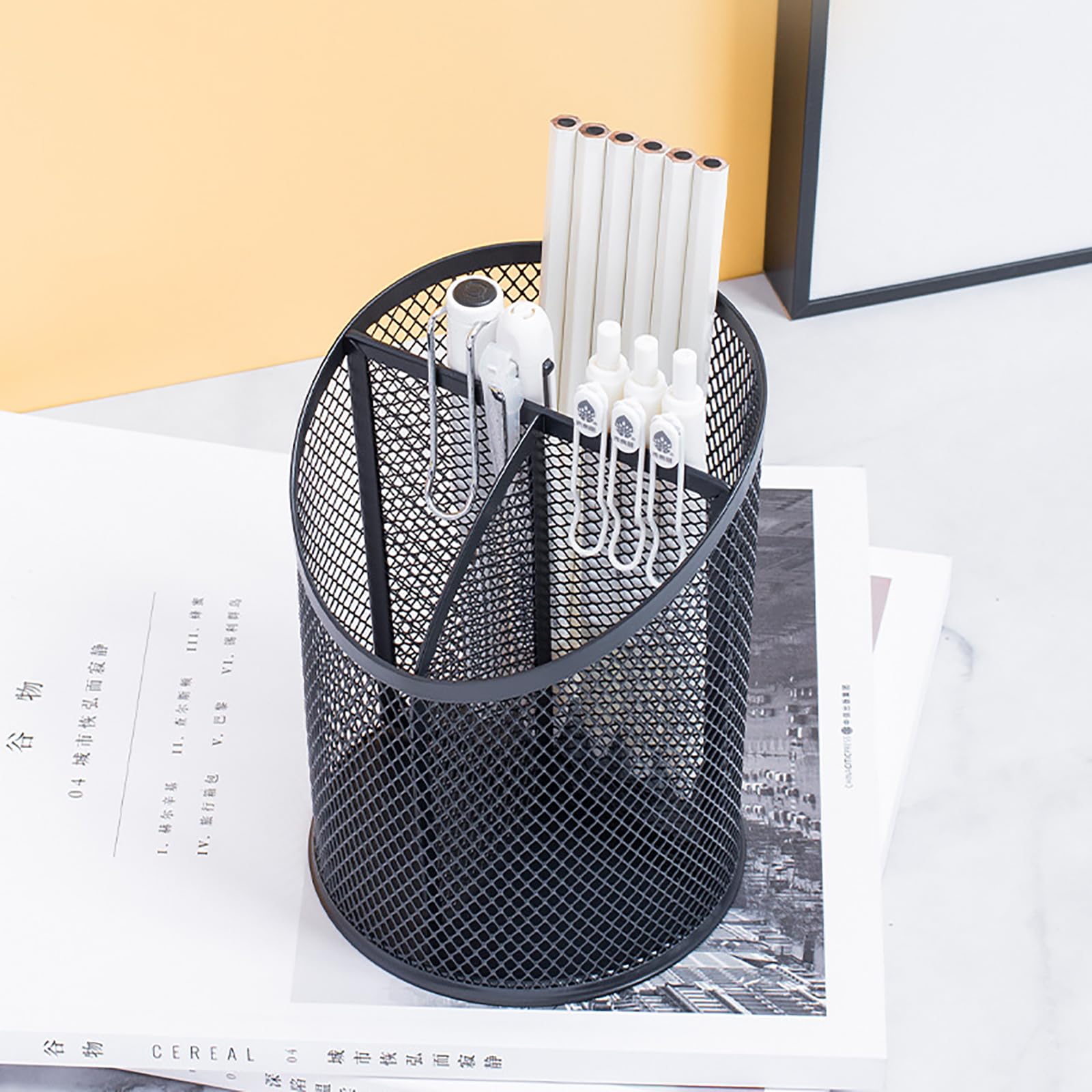 Nicunom 4 Pack Black Metal Mesh Pen Holder - Round Steel Desk Organizer with 3 Compartments for Pencils, Pens & Office Supplies | Perfect for Home, Office & School Organization