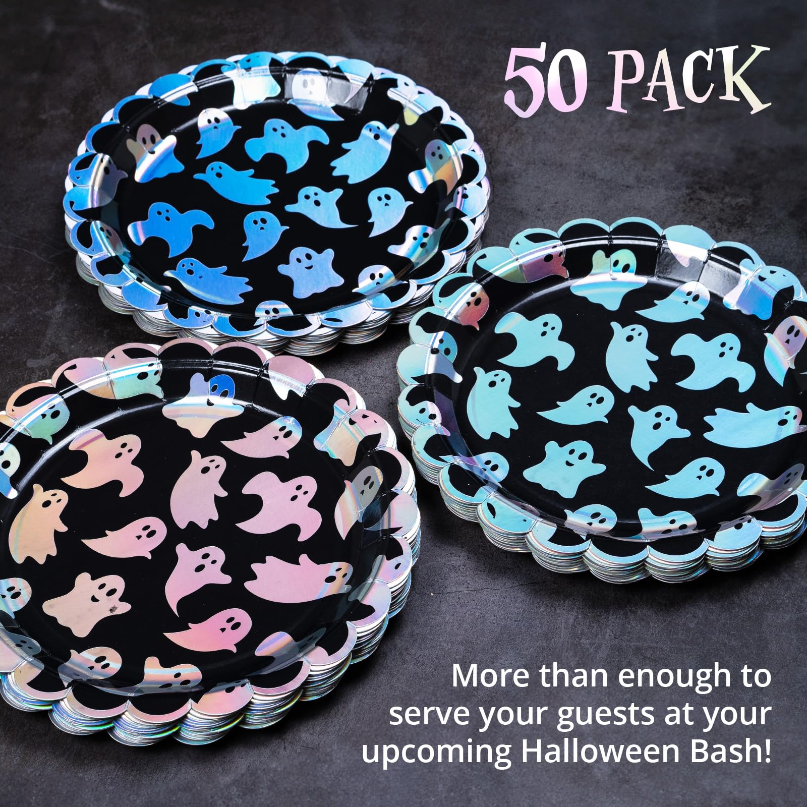50-Count Halloween Paper Plates - Disposable Scalloped Dinner Plates with Ghost Pattern & Iridescent Silver Foil - Perfect for Halloween Parties, Trick-or-Treat Events & Spooky Dinner Decorations