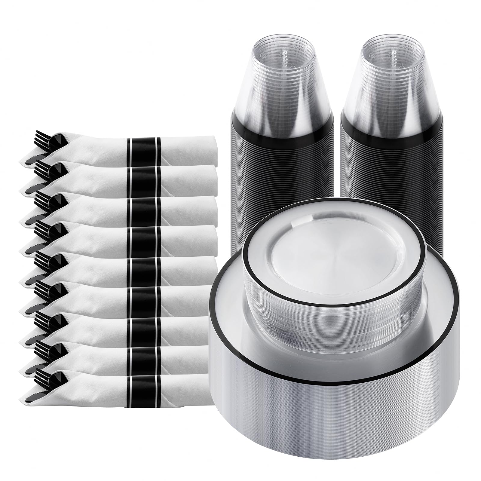 Goodluck 175-Piece Black Plastic Dinnerware Set for Party - Disposable Plates, Cups & Cutlery for 25 Guests - Includes 25 Dinner Plates, Dessert Plates, Pre-Rolled Napkins & Cups - Perfect for Birthday Parties, BBQs, Picnics & Events