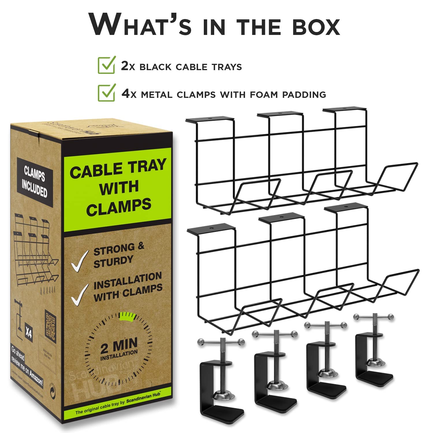 Under Desk Cable Management Tray with Clamps - No Drill Cable Organizer for Home & Office - Set of 2 | Perfect for Computer, TV & Gaming Setup Wire Organization