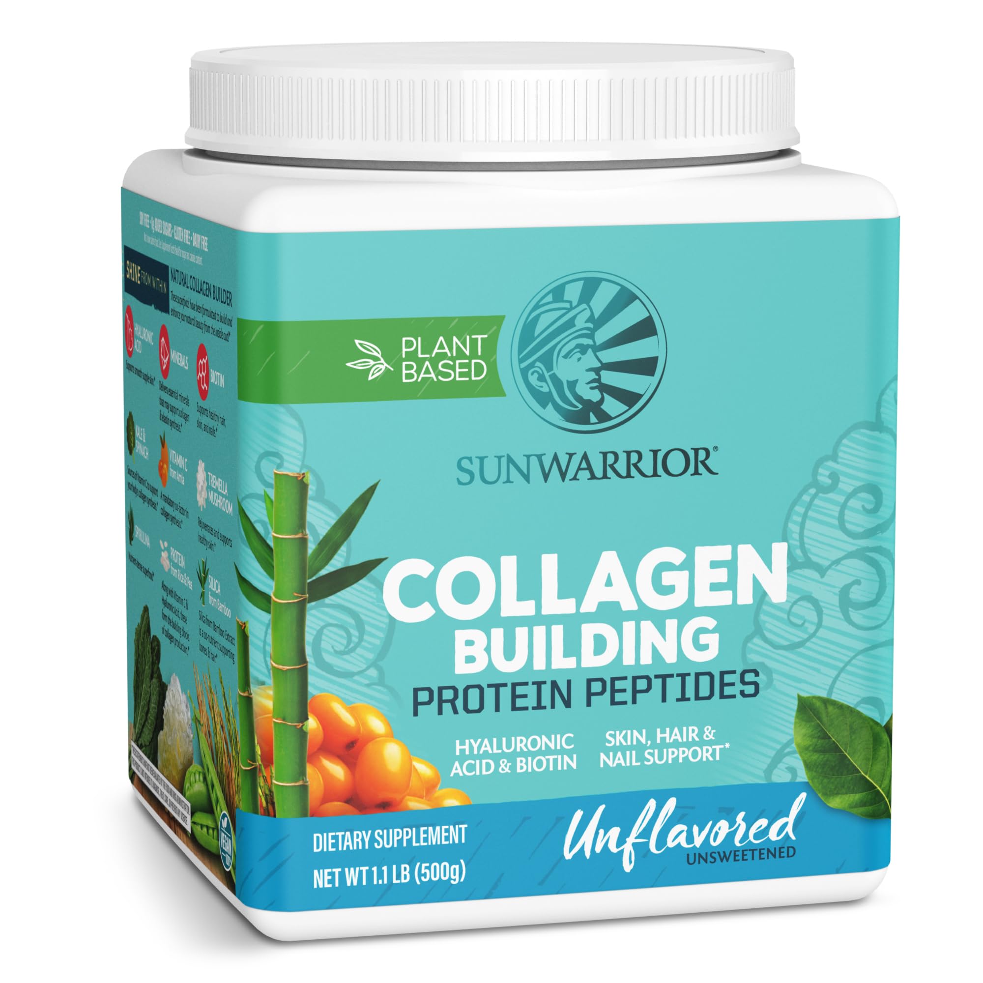 Vegan Collagen Boosting Powder with Biotin, Vitamin C & Hyaluronic Acid - Dairy Free, Gluten Free Collagen Peptide Protein Supplement for Hair, Skin & Nails | Unflavored by Sunwarrior | Perfect for Smoothies, Shakes & Post-Workout Recovery