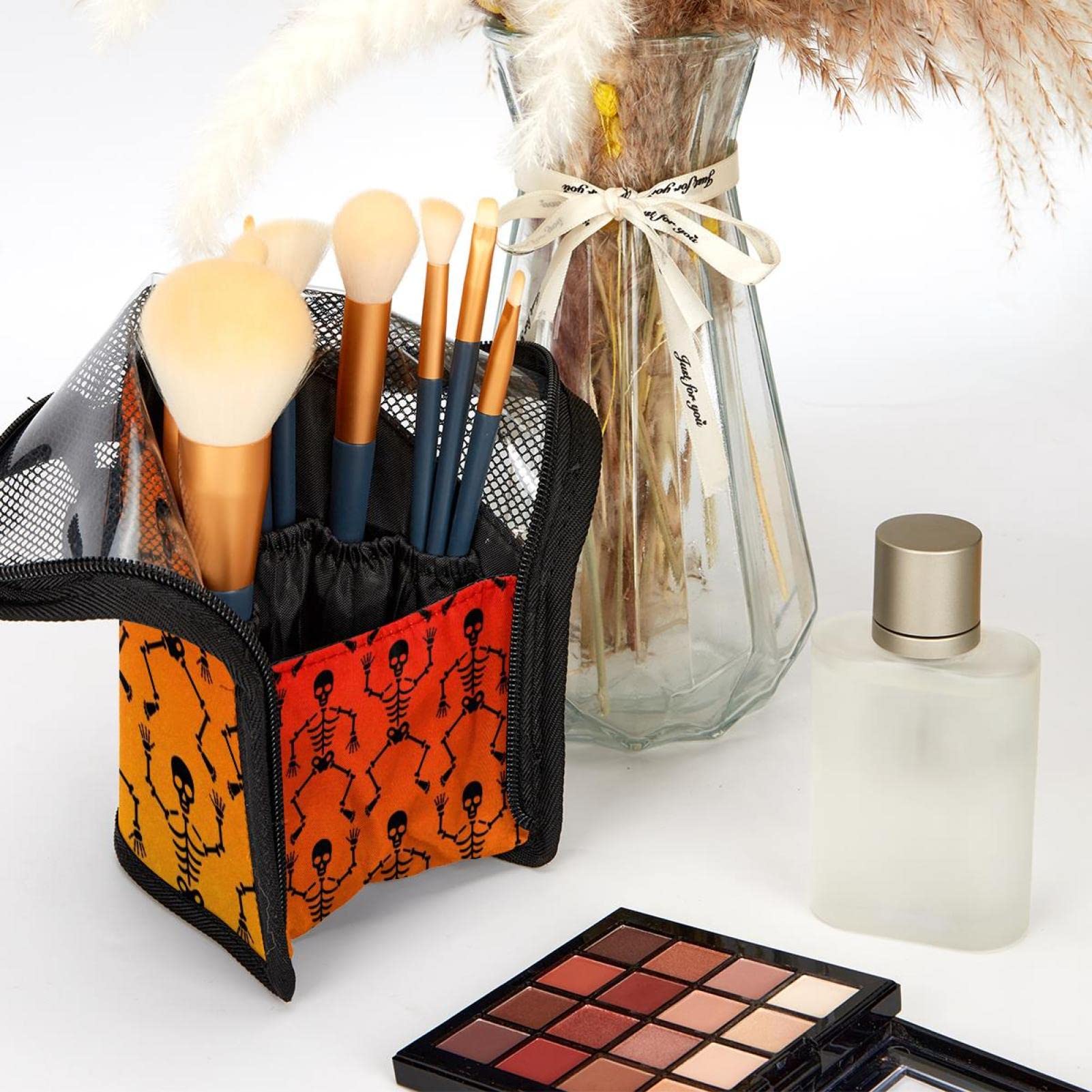 12-Piece Makeup Brush Organizer Bag with Skeleton Skull Gradient Orange Design - Portable Cosmetic Brush Holder Case for Travel, Home & Professional Makeup Artists