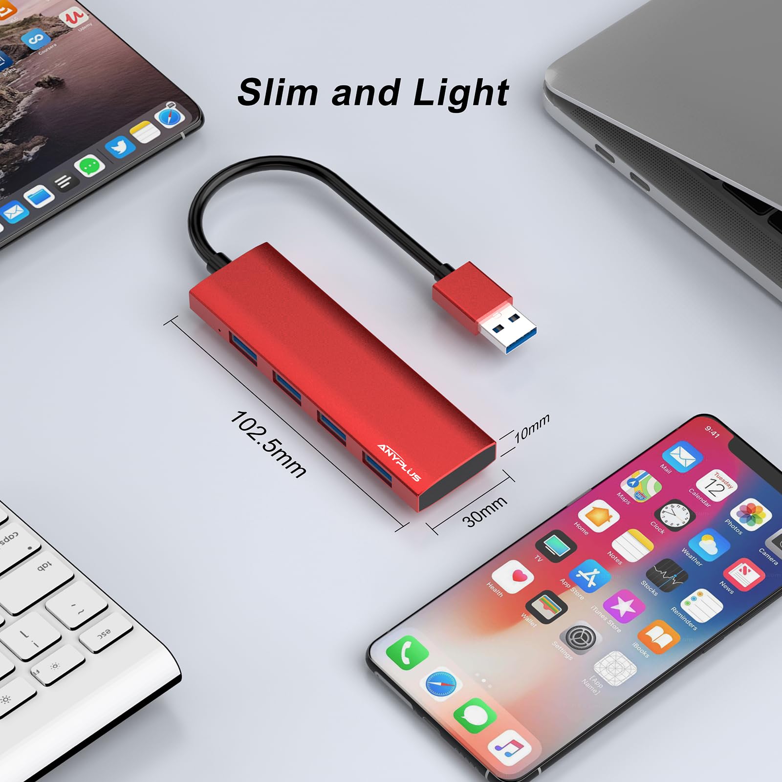 ANYPLUS USB 3.0 Hub 4-Port Aluminum Alloy Ultra Slim Data Hub Splitter - High Speed Portable USB Extender for Laptop, PC, MacBook - Perfect for Home Office, Travel & Multi-Device Charging