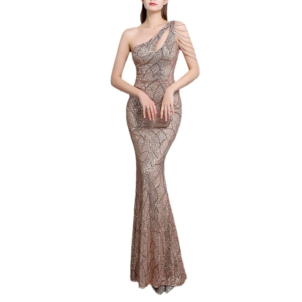 Plus Size Sequin One Shoulder Cocktail Dress for Women - Elegant Fishtail Evening Party Prom Gown, Maxi Bodycon Formal Dress (Color: Fuchsia, Size: Small) | Perfect for Night Out, Wedding Guest, Holiday Party & Special Occasions