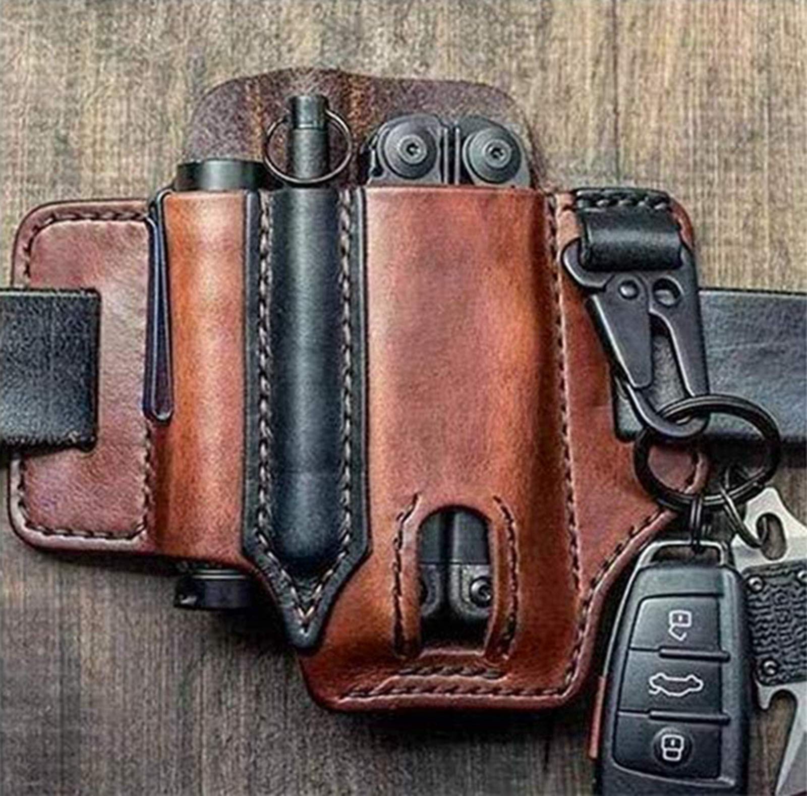 Genuine Leather EDC Belt Loop Waist Pouch - 3 Pocket Multitool Organizer Sheath for Flashlights, Tactical Pens & Tools | Handmade Brown Leather Pouch for Outdoor, Camping & Everyday Carry (EDC)