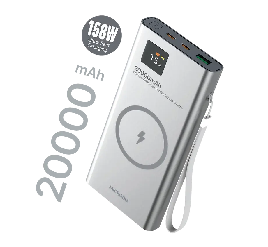 MICRODIA SNAPPower™ MagGo LCD 20000mAh 158W Magnetic Wireless Power Bank - 15W Wireless Charging + 65W & 60W USB-C PD + 18W USB-A Output with LCD Display - Fast Charging for iPhone, Samsung, AirPods, Laptops & More - Perfect for Travel, Work & Outdoor Adventures