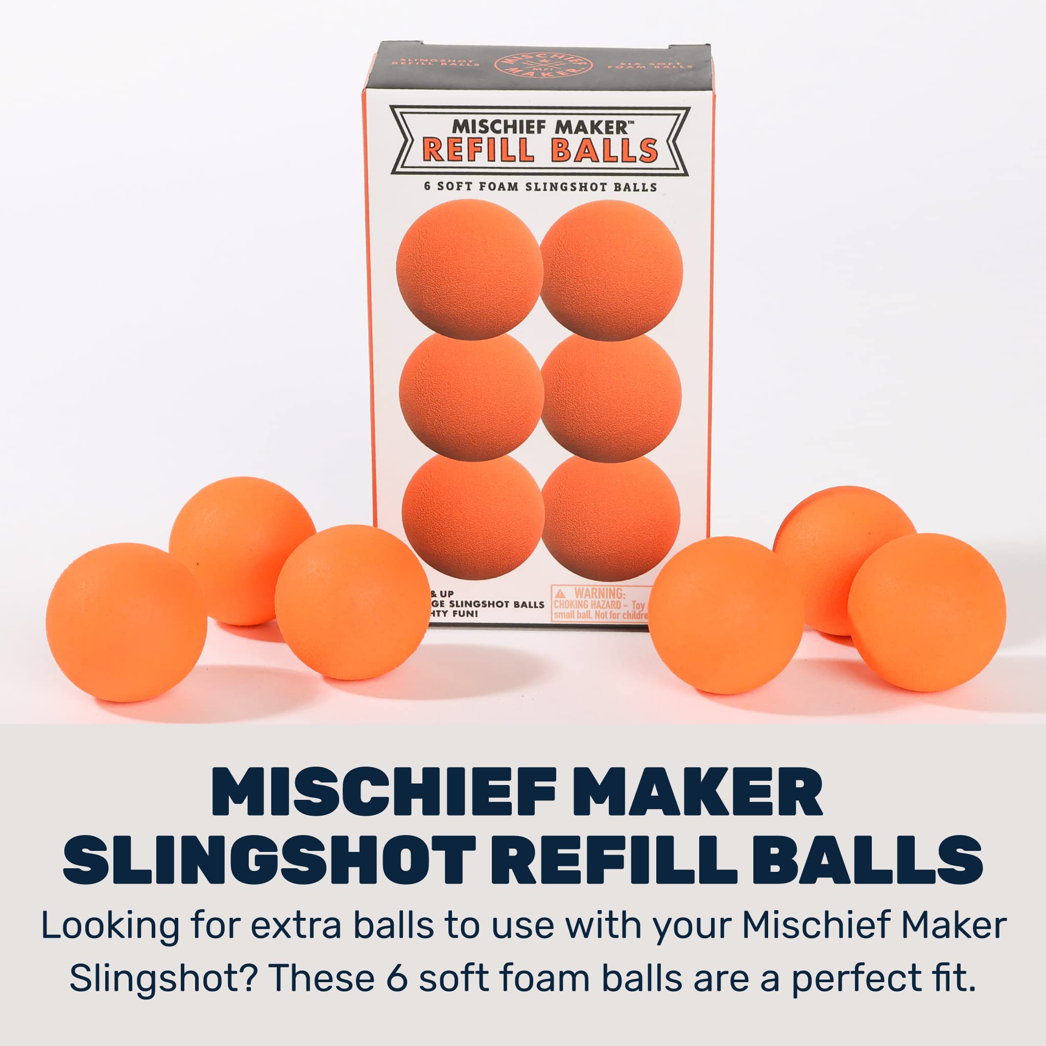 Mischief Maker® Toy Slingshot Foam Balls Refill Pack - 6 Soft Foam Replacement Balls for Kids Slingshot Toys - Safe Outdoor & Indoor Play for Ages 4+ (Orange) - Perfect for Backyard Games, Birthday Parties, and Family Fun Activities
