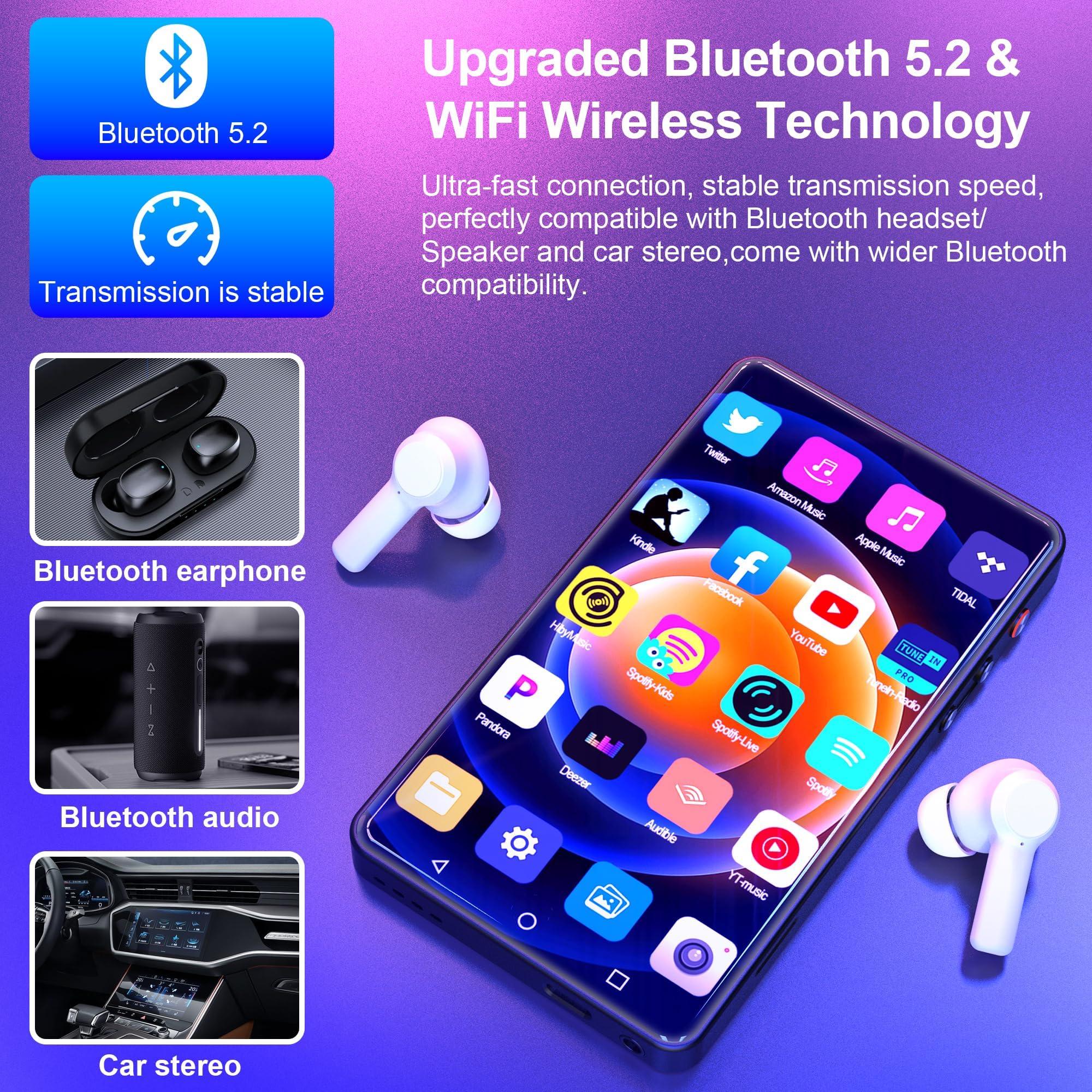 MYMAHDI 5 Inch 144GB Bluetooth MP3 Player with WiFi, HiFi MP4 Music Player with Touch Screen, Camera & Speaker - Supports Spotify, YouTube & Android Streaming - Perfect for Running, Gym Workouts & Travel (Black)