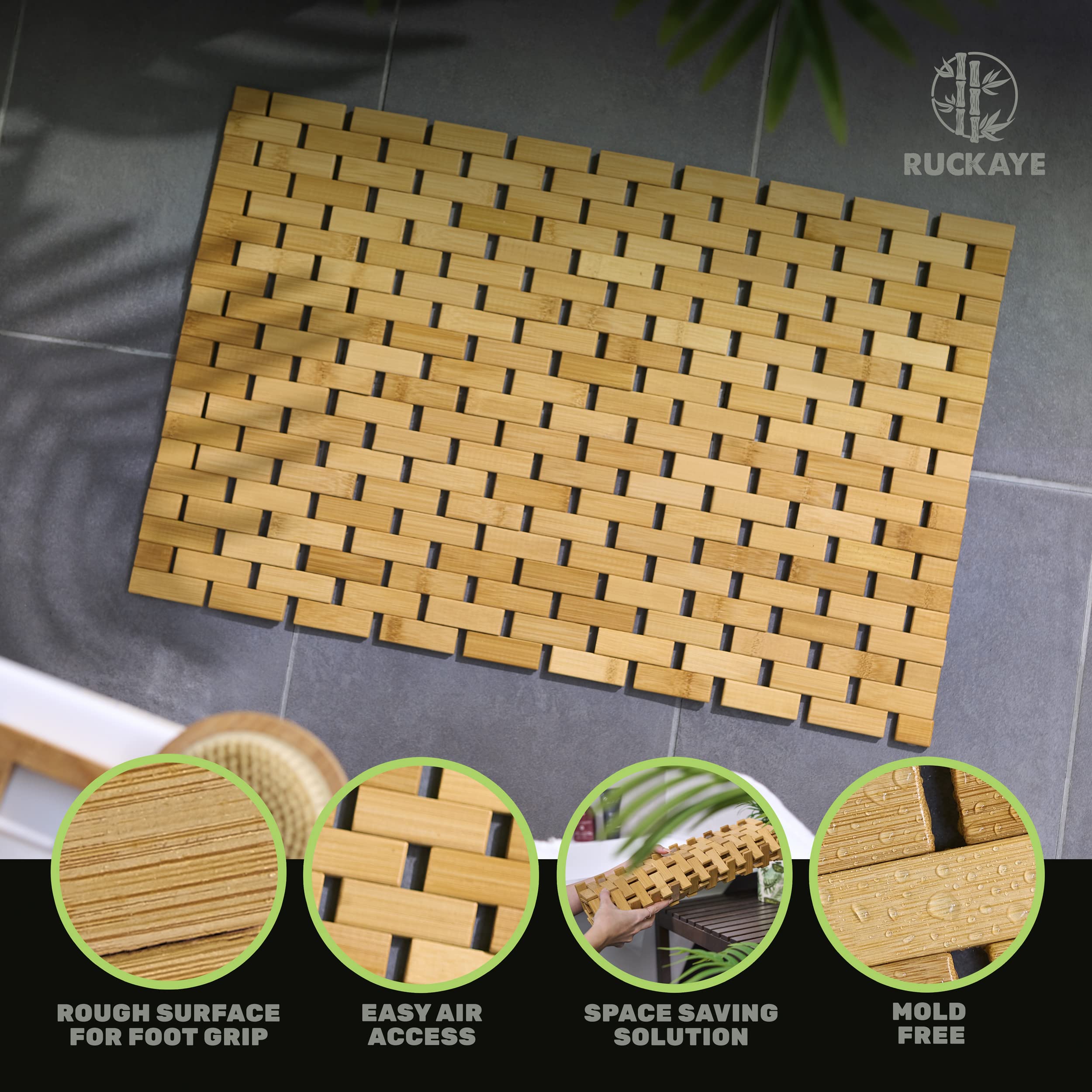Premium 24x16 Bamboo Bath Mat with Non-Slip Silicone Grip Pads - Foldable Waterproof Wooden Shower Mat for Indoor & Outdoor Use - Perfect for Bathroom, Spa, Poolside, and Yoga Studio