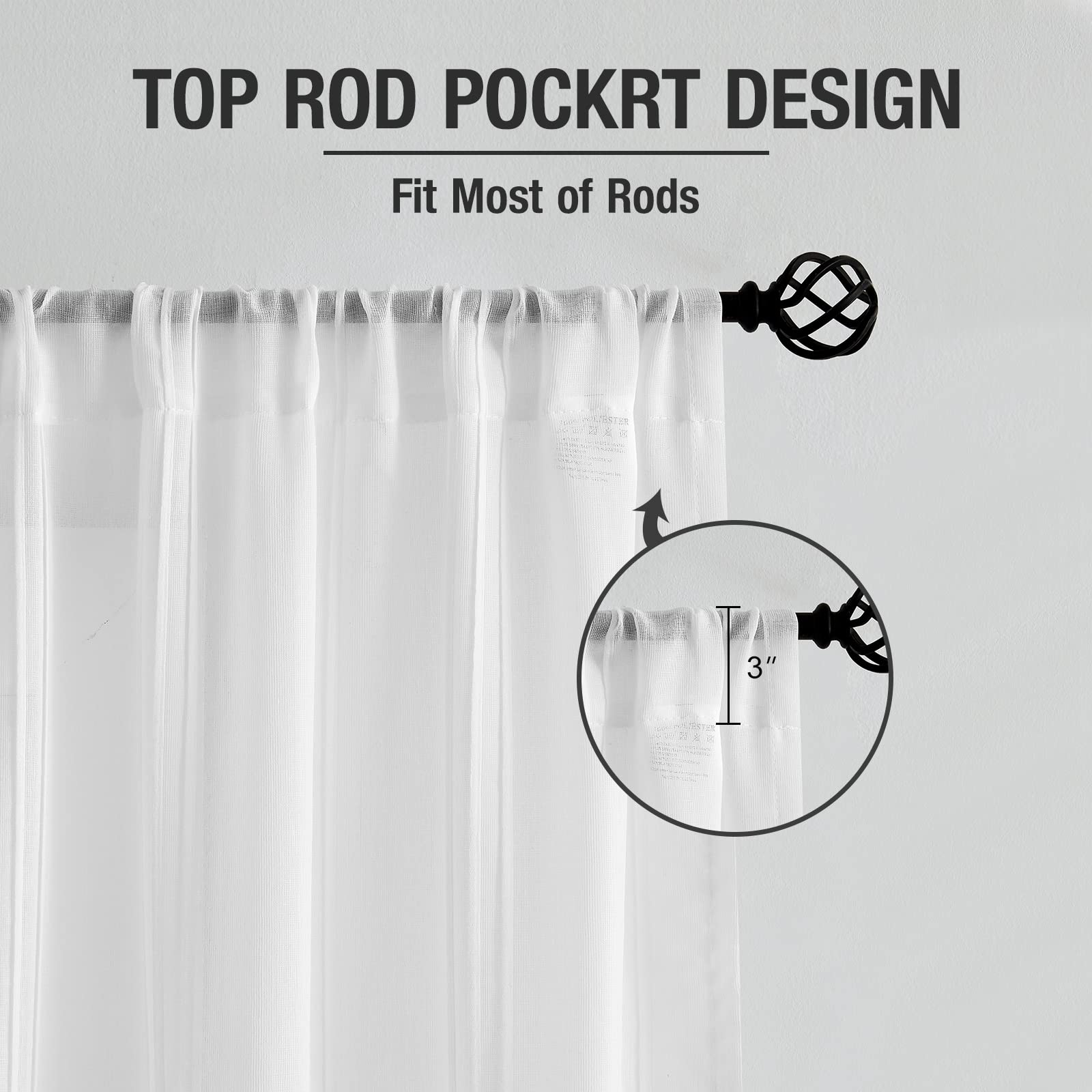 Rod Pocket Window Curtains Panels - White Sheer Linen Privacy Drapes with Elegant Vertical Stripes, Extra Long 108