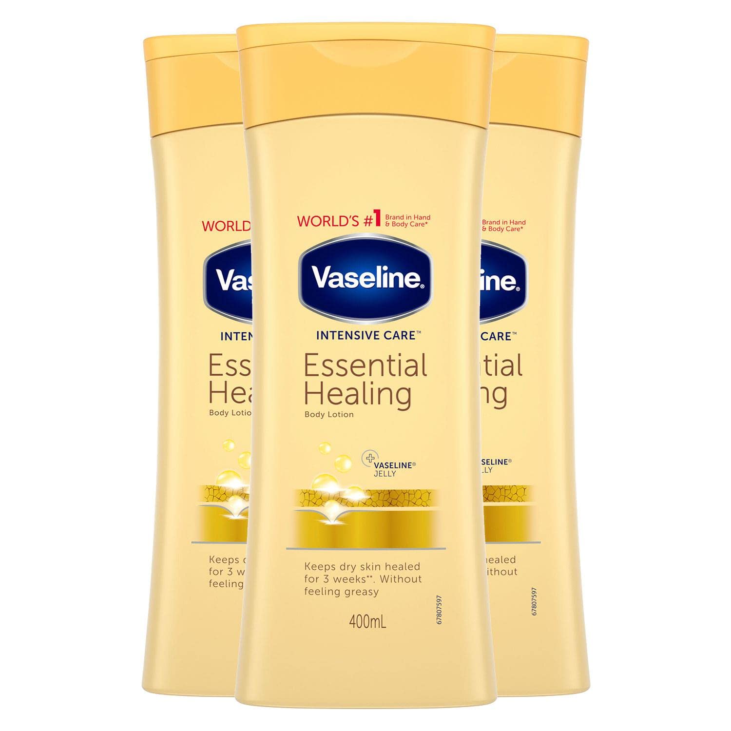 Vaseline Intensive Care Essential Healing Body Lotion Bundle - 3 Pack x 13.5oz (400ml) - Ultra Hydrating Moisturizer for Dry, Cracked Skin - Daily Skincare Routine, Post-Shower Hydration, Winter Skin Care