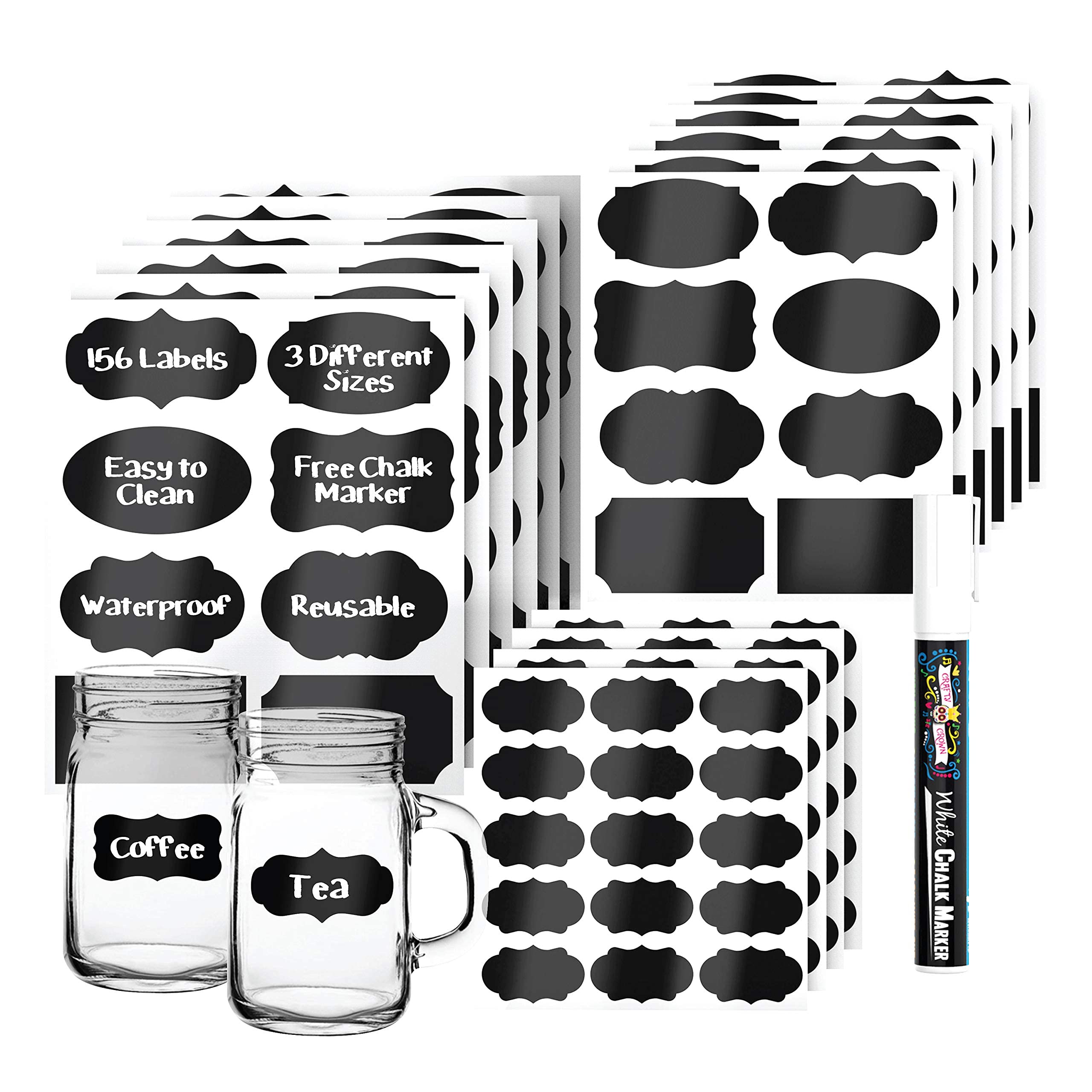 Premium 156-Pack Chalkboard Labels with Erasable White Chalk Marker - Removable Blackboard Stickers for Mason Jars, Containers & Organizing (3 Sizes) - Perfect for Pantry, Kitchen & DIY Craft Projects