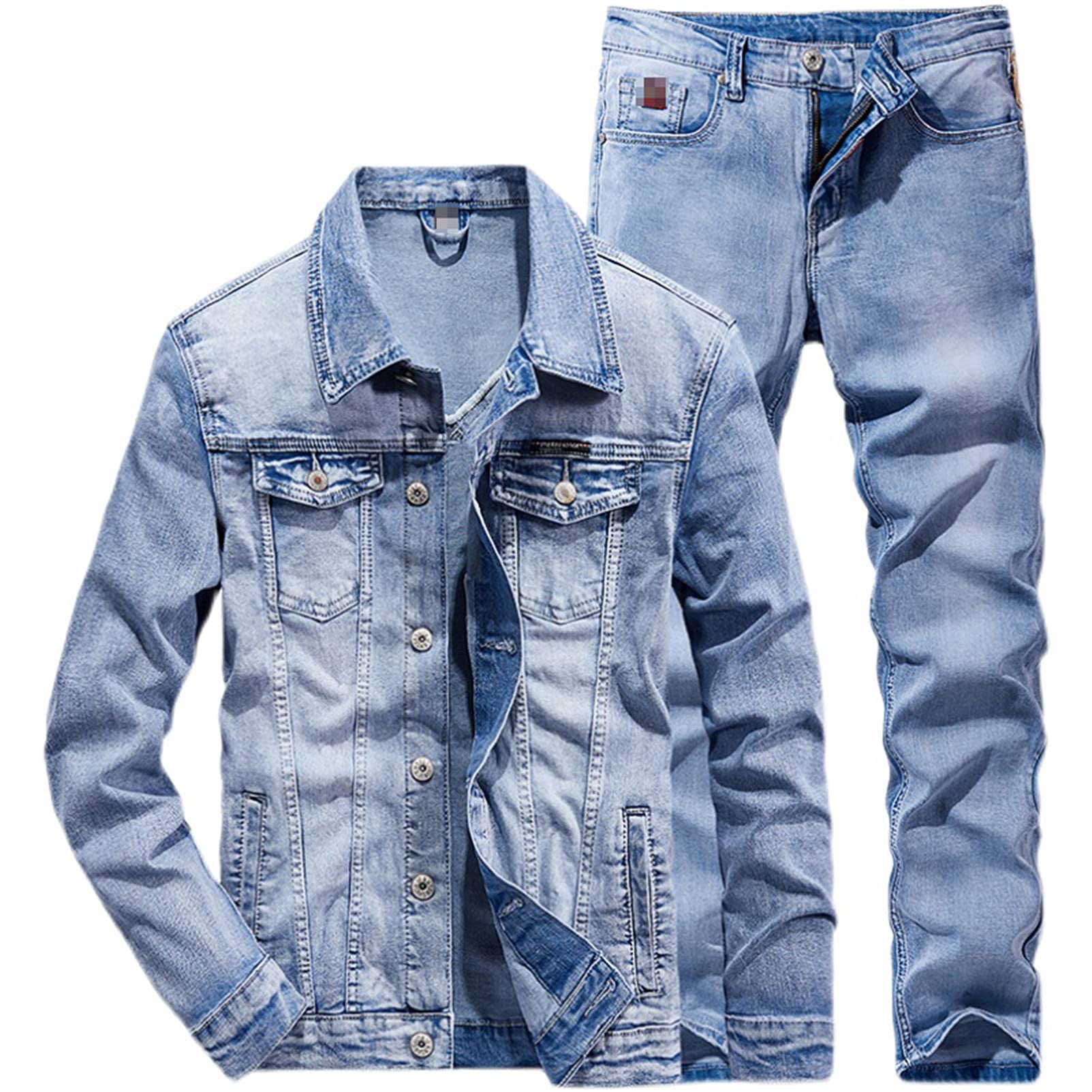 Stylish Slim Fit Solid Color Couple Jeans Set - Light Blue Denim Jacket & Jeans 2-Piece Outfit for Spring & Fall | Perfect for Date Nights, Casual Outings & Matching Couple Looks