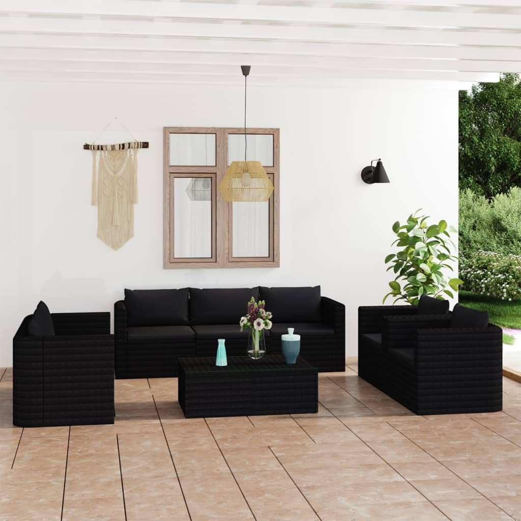 9-Piece Poly Rattan Patio Lounge Set with Removable Cushions - Modular Outdoor Furniture for Garden, Poolside & Backyard - Easy Cleaning Black Wicker Sofa Set