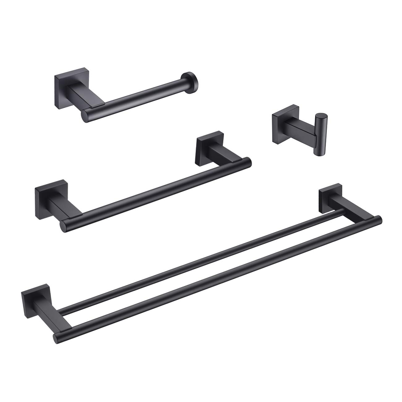 Premium Matte Black 4-Piece Bathroom Accessories Set - Stainless Steel Wall Mounted Towel Bar, Hand Towel Rack, Toilet Paper Holder & Robe Hooks (BS101S4-BK) - Modern Bathroom Organization for Homes, Hotels & Apartments