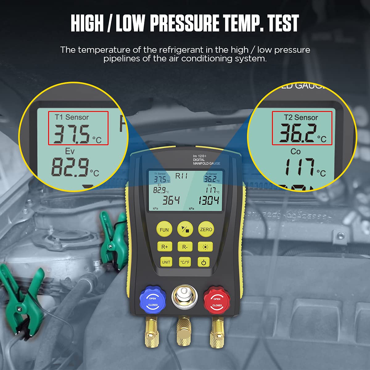 PLAYOCCAR Digital HVAC Manifold Gauge Kit - Professional Refrigeration Vacuum Pressure Temperature Leak Tester Set for AC, Refrigerator & Cooling Systems Maintenance - Includes Test Clip & Pipe - Ideal for HVAC Technicians & DIY Home Repairs