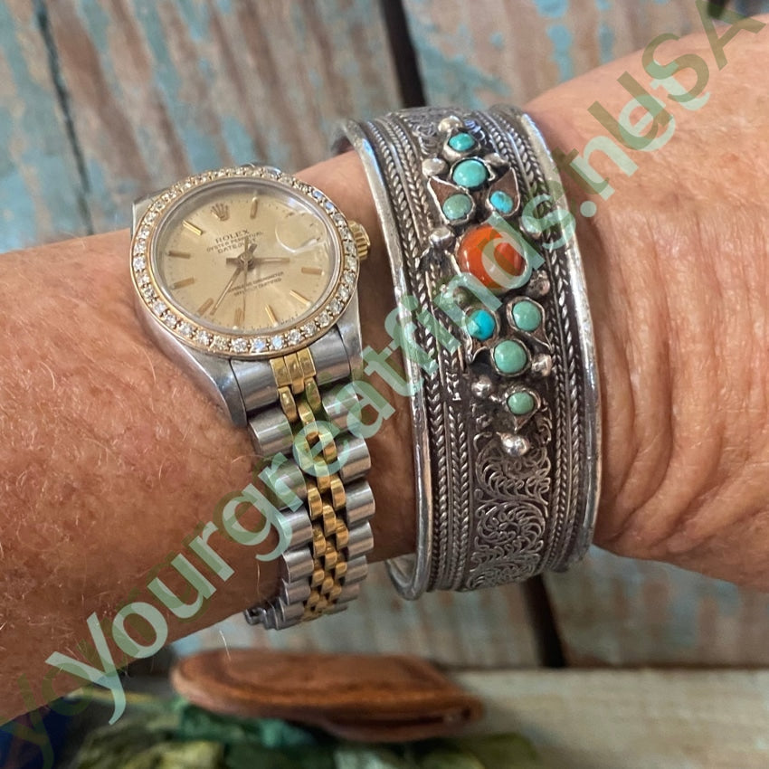 Authentic Sterling Silver Turquoise Coral Tibetan Bracelet with Intricate Dragon Engraving - Perfect for Boho Fashion, Spiritual Healing & Gift Giving