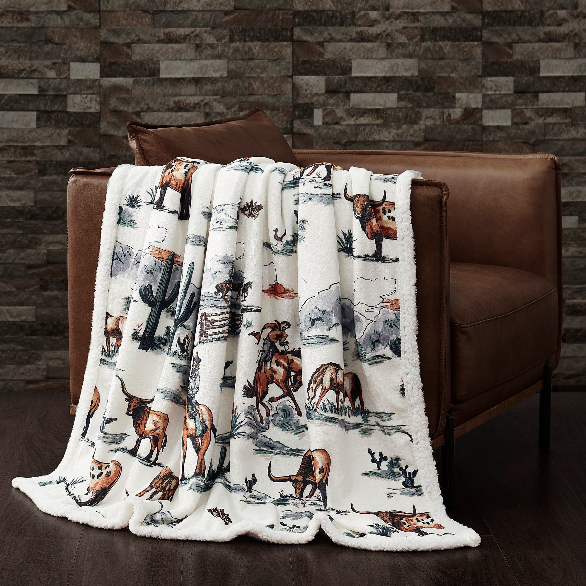 Cozy Ranch Life Western Toile Campfire Sherpa Throw Blanket - Perfect for Cabin Decor, Outdoor Camping & Winter Warmth