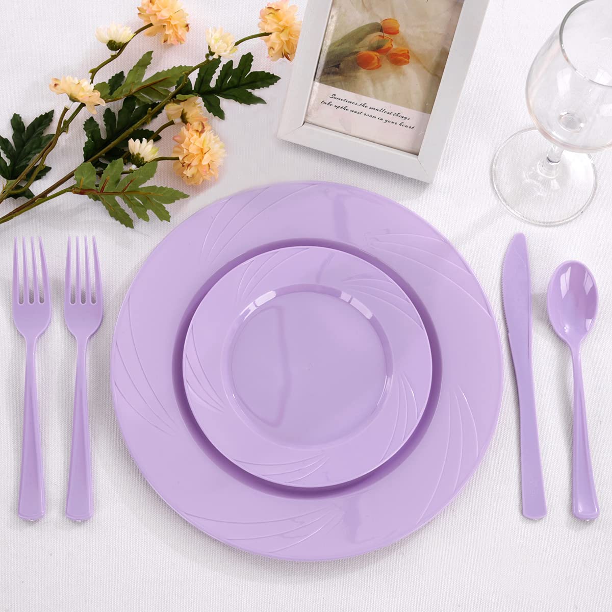 125-Piece Purple Plastic Dinnerware Set - 25 Lavender Plates, 25 Dessert Plates, 25 Forks, 25 Knives, 25 Spoons - Disposable Tableware for Wedding, Birthday Party, Mardi Gras, Picnic & Outdoor Events