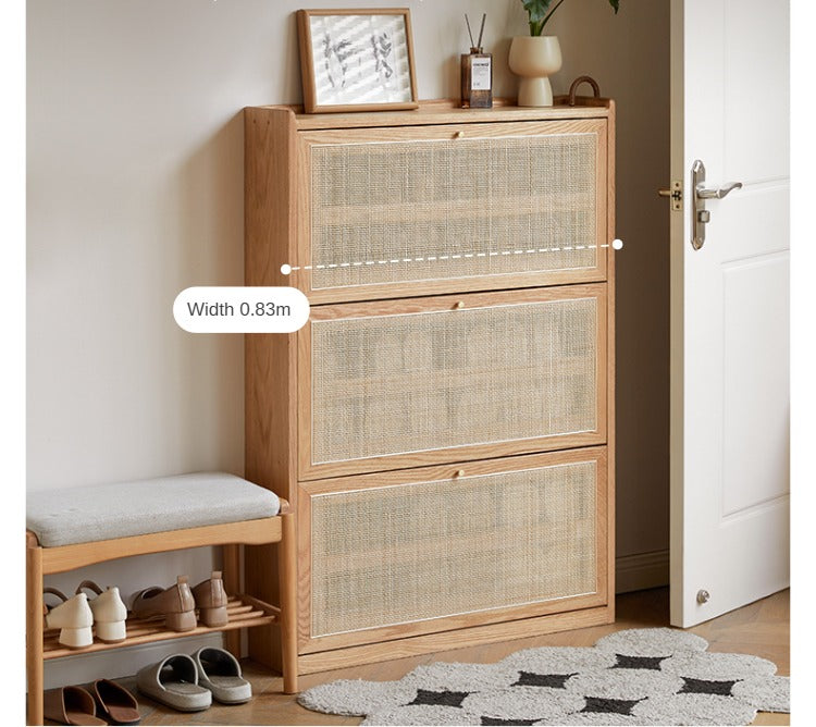 Oak Solid Wood Ultra Thin Flap Door Rattan Shoe Cabinet - Space Saving Entryway Storage Organizer for Hallway, Closet & Mudroom
