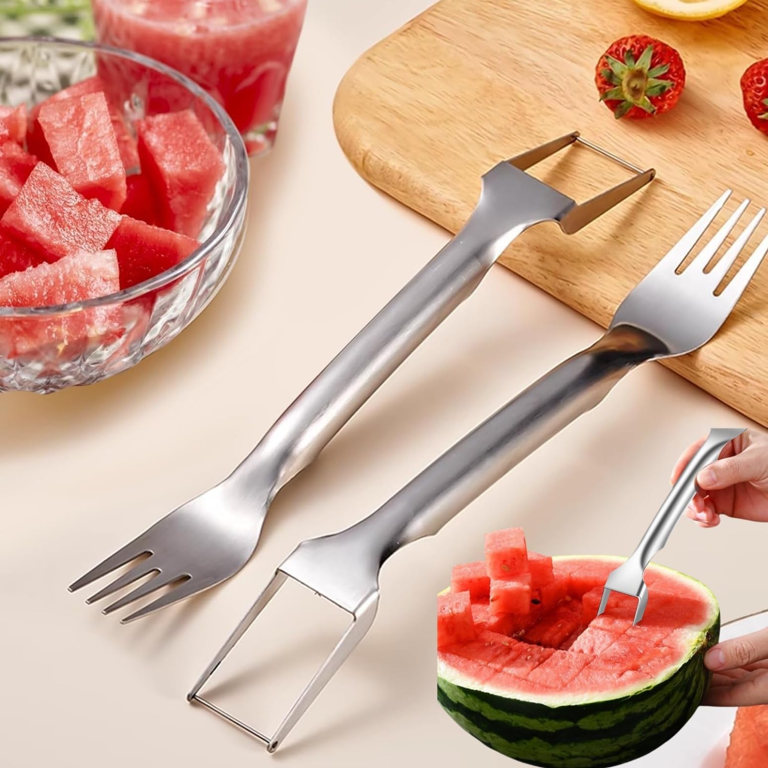 2024 New 2-in-1 Stainless Steel Watermelon Fork Slicer - Double Ended Fruit Cutter & Slicing Knife for Watermelon, Melon, Pineapple (1pc) - Perfect for BBQs, Picnics & Summer Parties