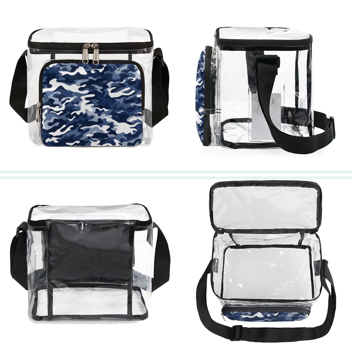 GzLeyigou Fashion Blue & White Camouflage Pattern Clear Tote Bag with Handles - Transparent Crossbody Shoulder Bag for Lunch, Outdoor, Travel, Picnic, Concerts & Sports Events - Stadium Approved Multipurpose Carryall for Shopping, Beach & Daily Use