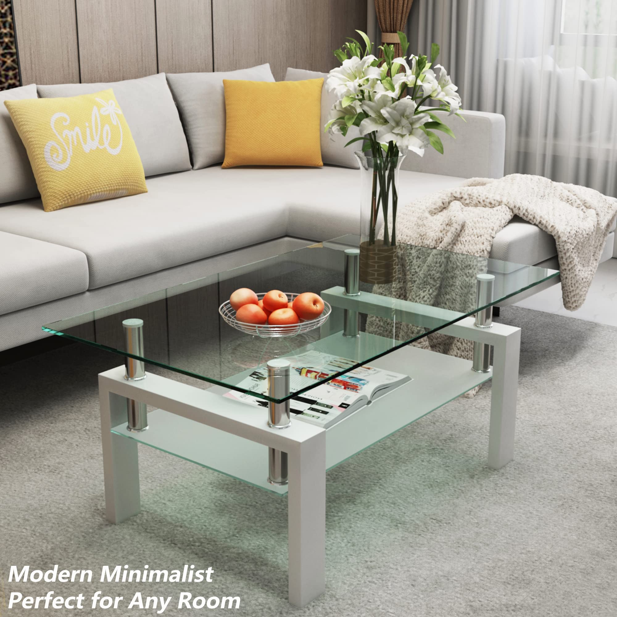 Modern Glass Coffee Table Set of 3 - Living Room End Tables with Storage, Black Metal Leg Rectangle Center Table - Tempered Glass Sofa Side & Corner Tables for Home Decor (White) | Perfect for Small Spaces, Apartments & Contemporary Living Rooms