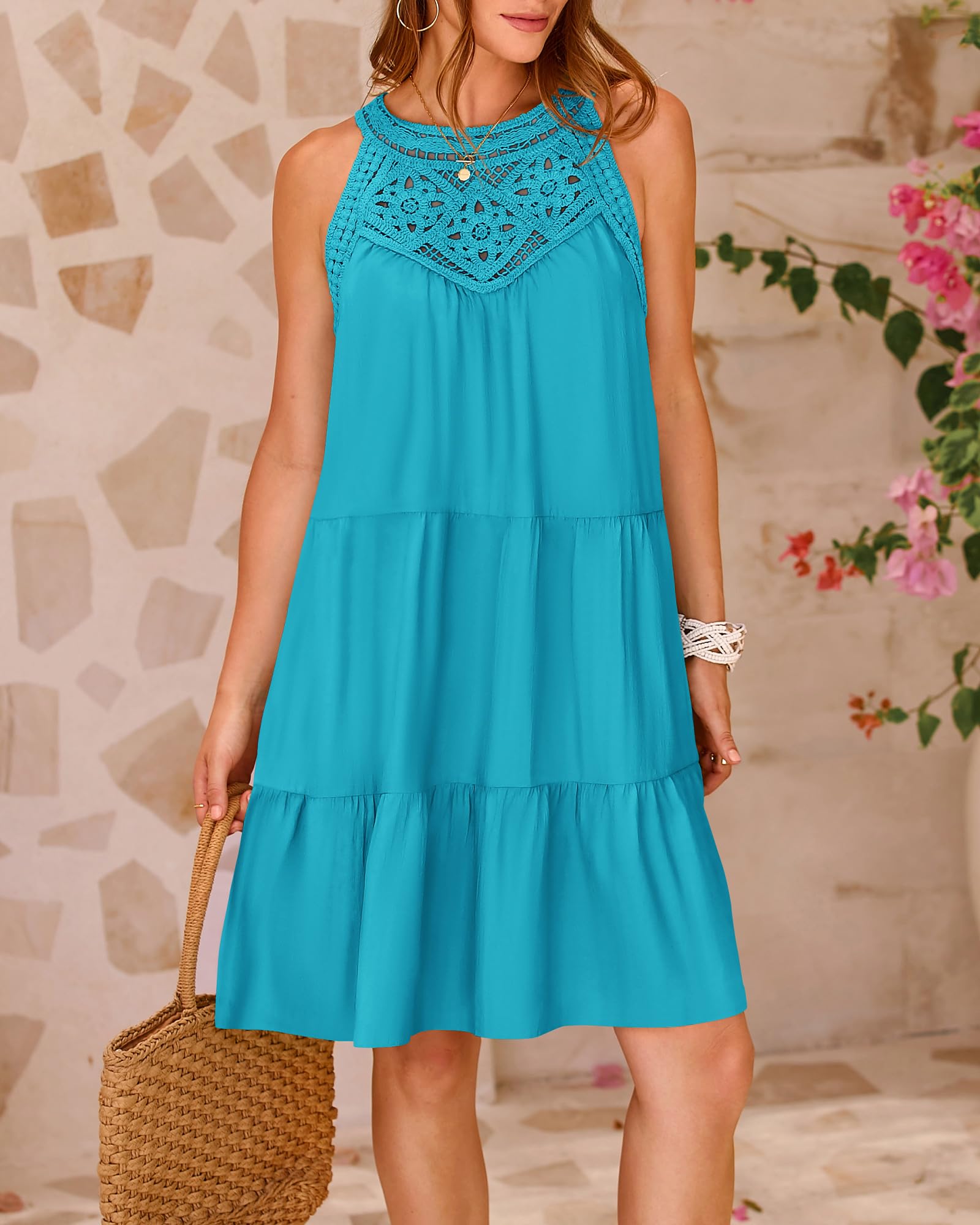BTFBM Women's Summer Halter Dress 2025 - Sleeveless A-Line Tiered Mini Sundress for Beach, Vacation & Casual Wear | Lightweight Swing Dress for Spring & Summer Outings