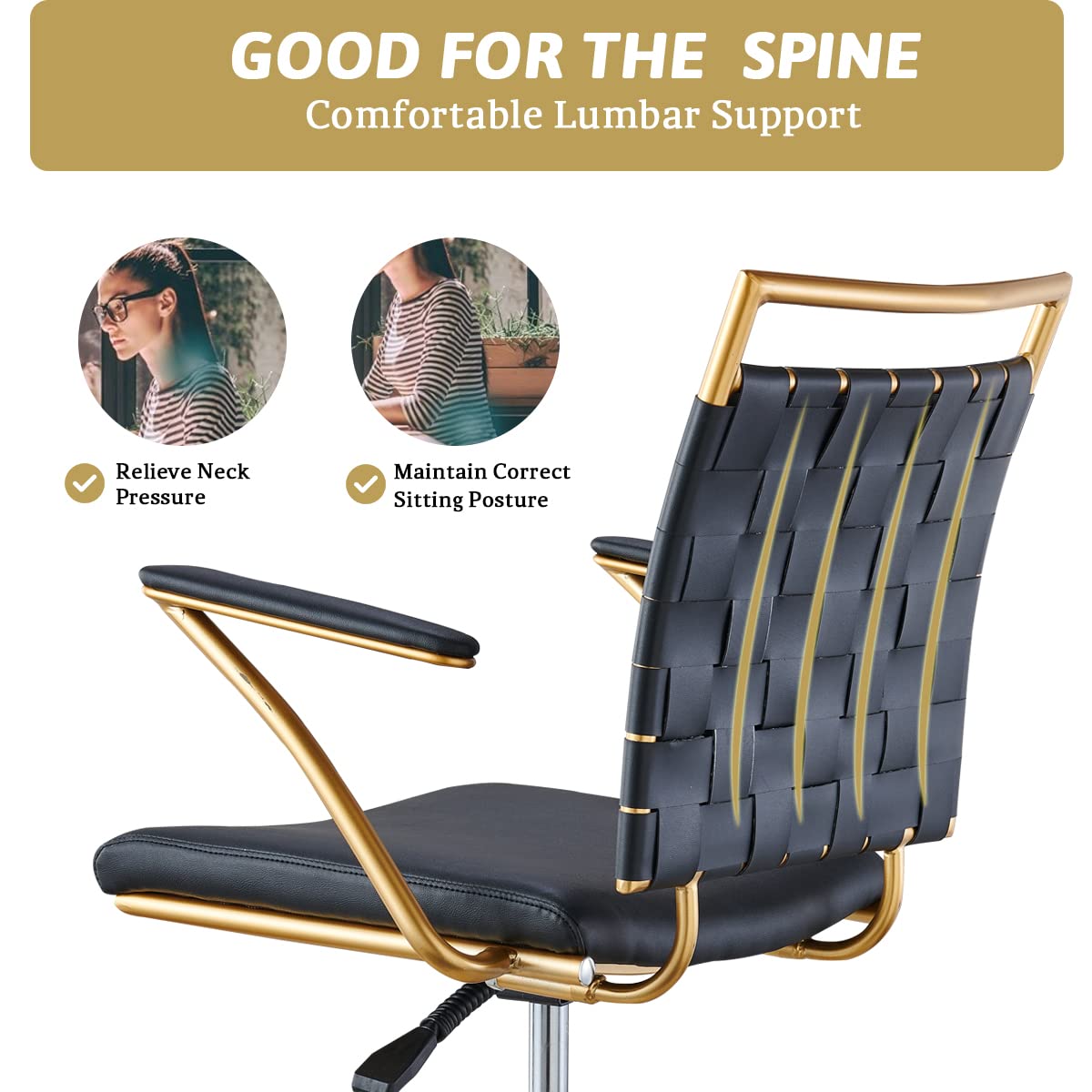 Premium Modern Leather Office Chair - Gold & Black Mid Back Swivel Task Chair with Wheels & Arms - Ergonomic Computer Desk Chair for Home & Conference Room - Comfortable for Long Work Hours (Black)